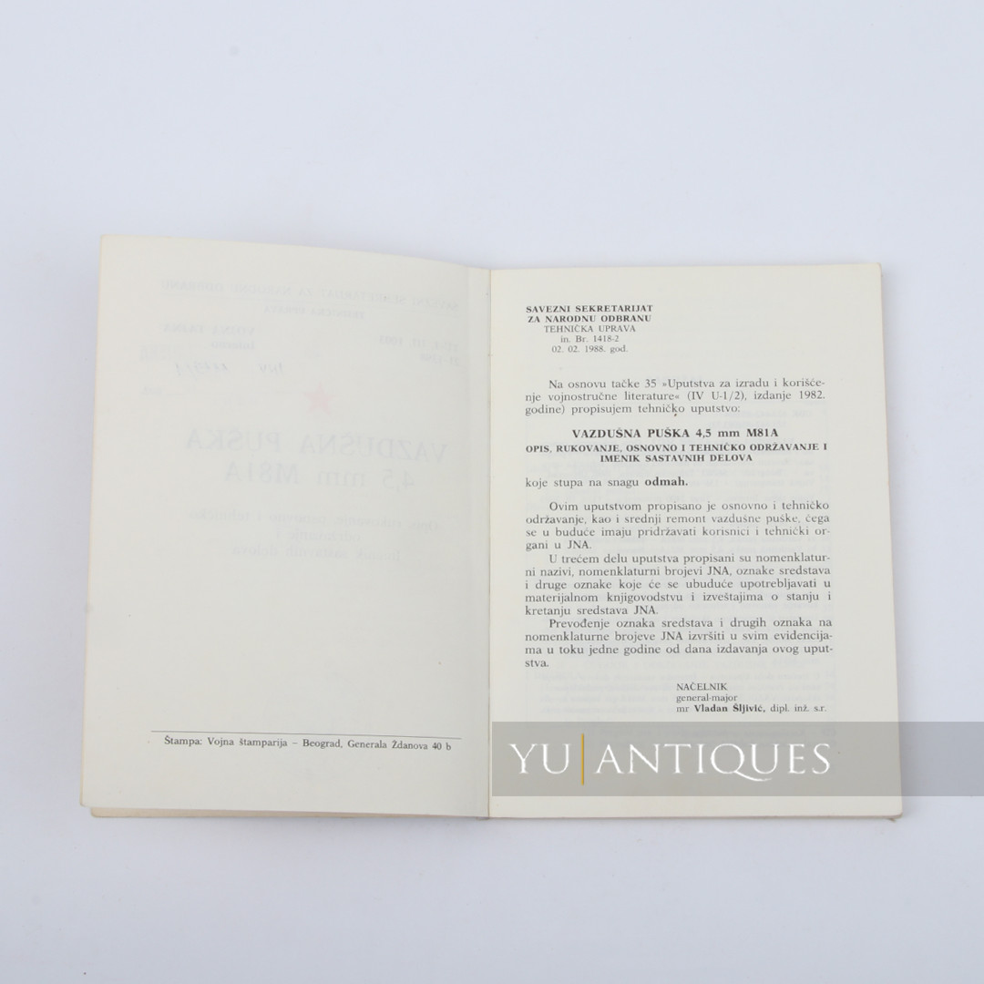 JNA YPA Yugoslav Peoples Army Manual Book For Air Rifle 4,5mm M81A Handling Etc