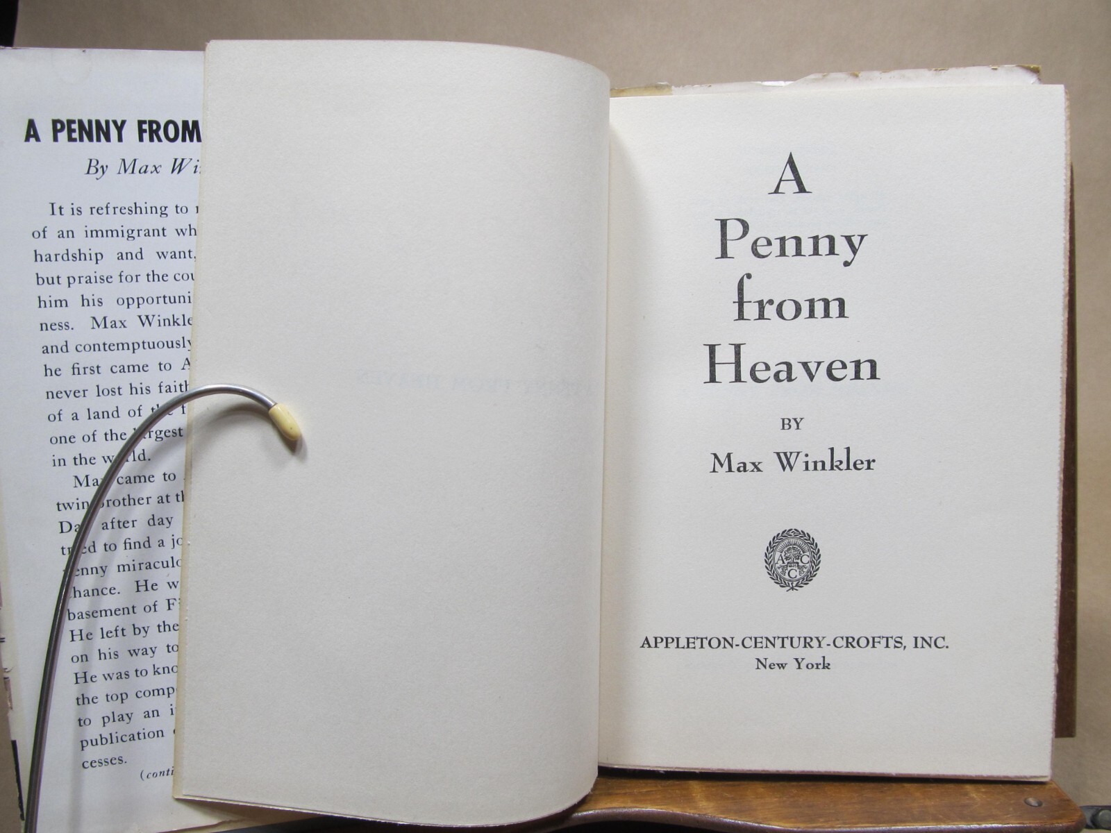 A Penny from Heaven by Max Winkler New York 1951 Signed by author