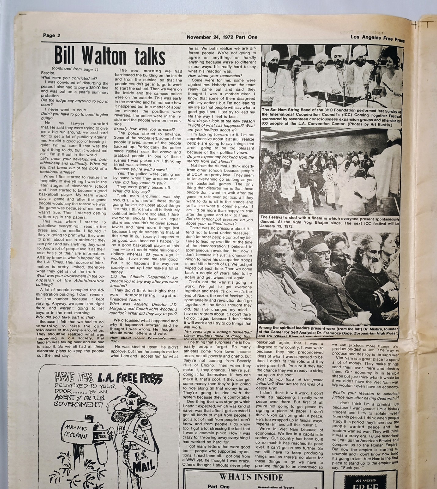 1972 newspaper LOS ANGELES FREE PRESS Bill Walton ANGELA DAVIS Harlan Ellison