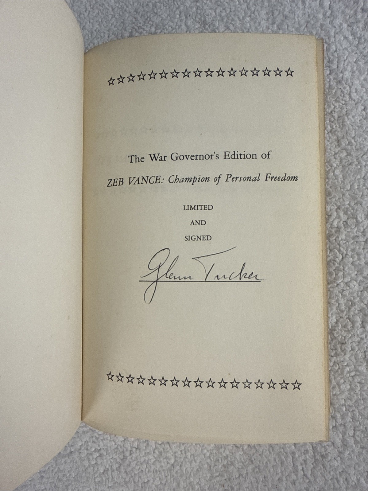 SIGNED 1965 Zeb Vance: Champion Personal Freedom, NC Civil War Governor HC/DJ