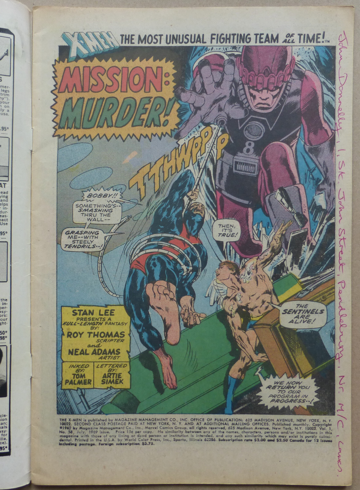 X-MEN #58, KEY ISSUE, NEAL ADAMS ART AND 1st APPEARANCE OF “HAVOK” IN COSTUME.