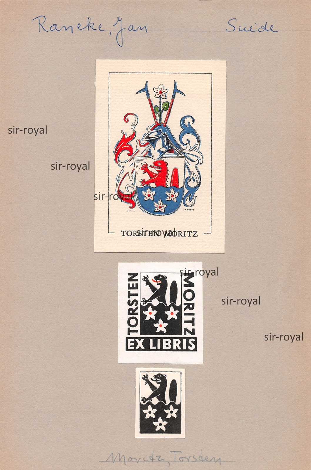 3x JAN RANEKE – Exlibris für Torsten Moritz – Schweden – Wappen ~6×9/4×4/2x3cm