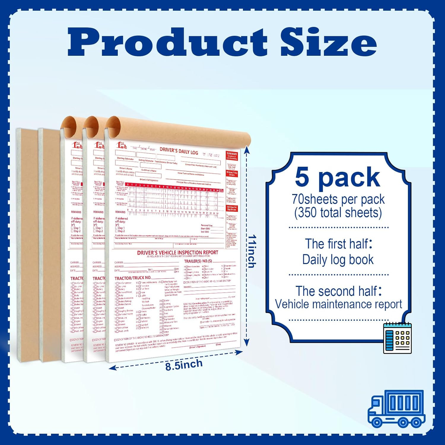 8.5X11Inch 2-In-1 Driver Log Books for Truckers Dot Log Book Driver Vehicle