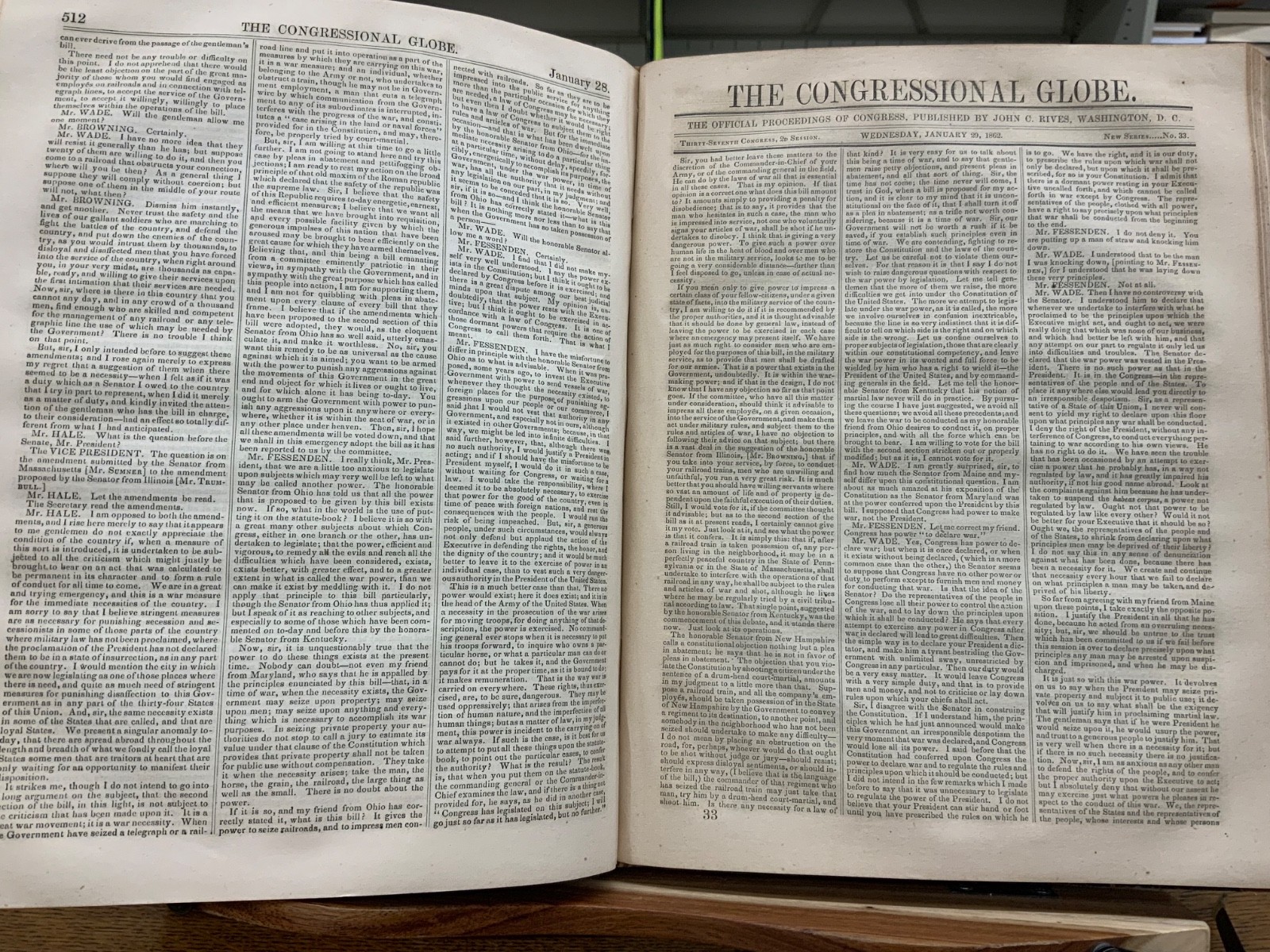 1862 Congressional Globe 37th Congress 2nd Session Morrill Introduction Bill 108
