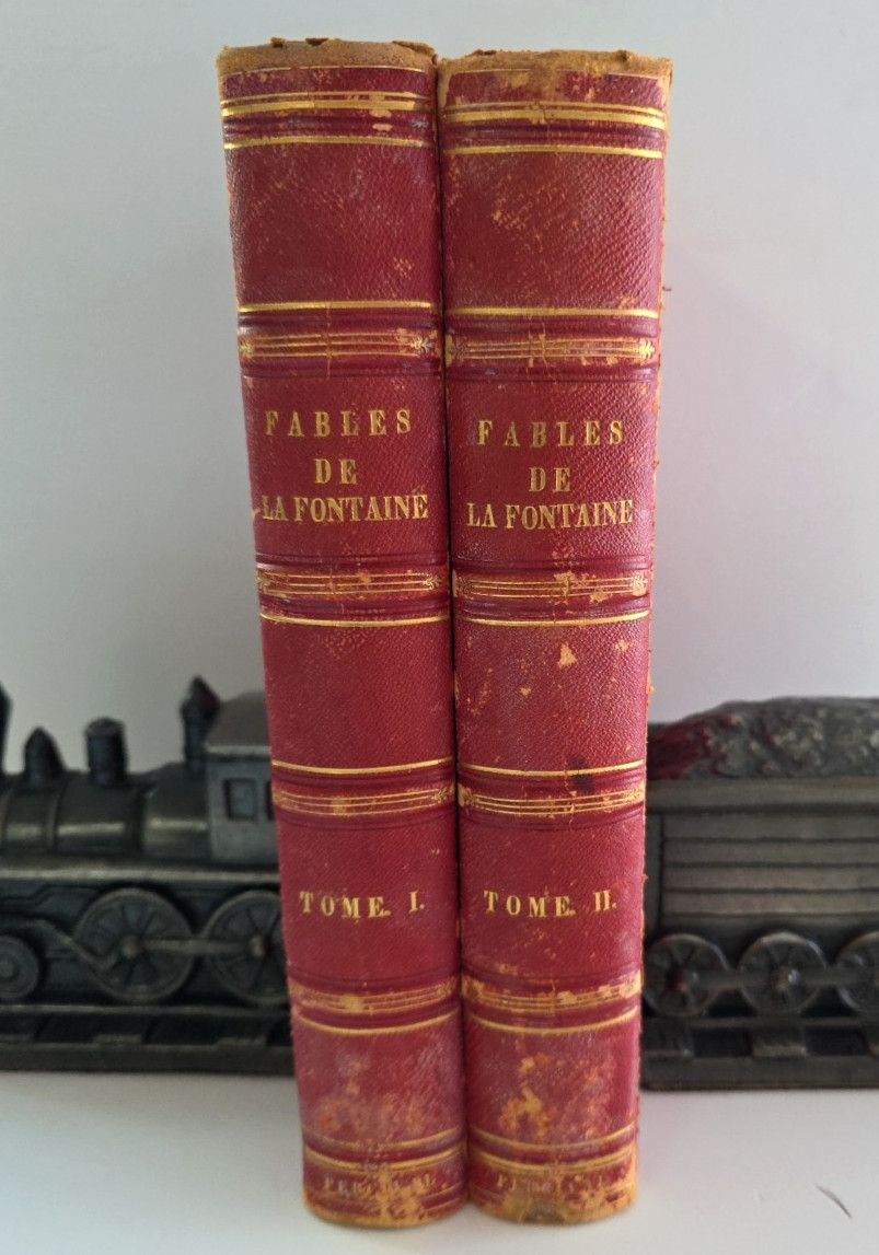 1843 Fables de La Fontaine 2 Volume Leather Set Grandville Illustrated French