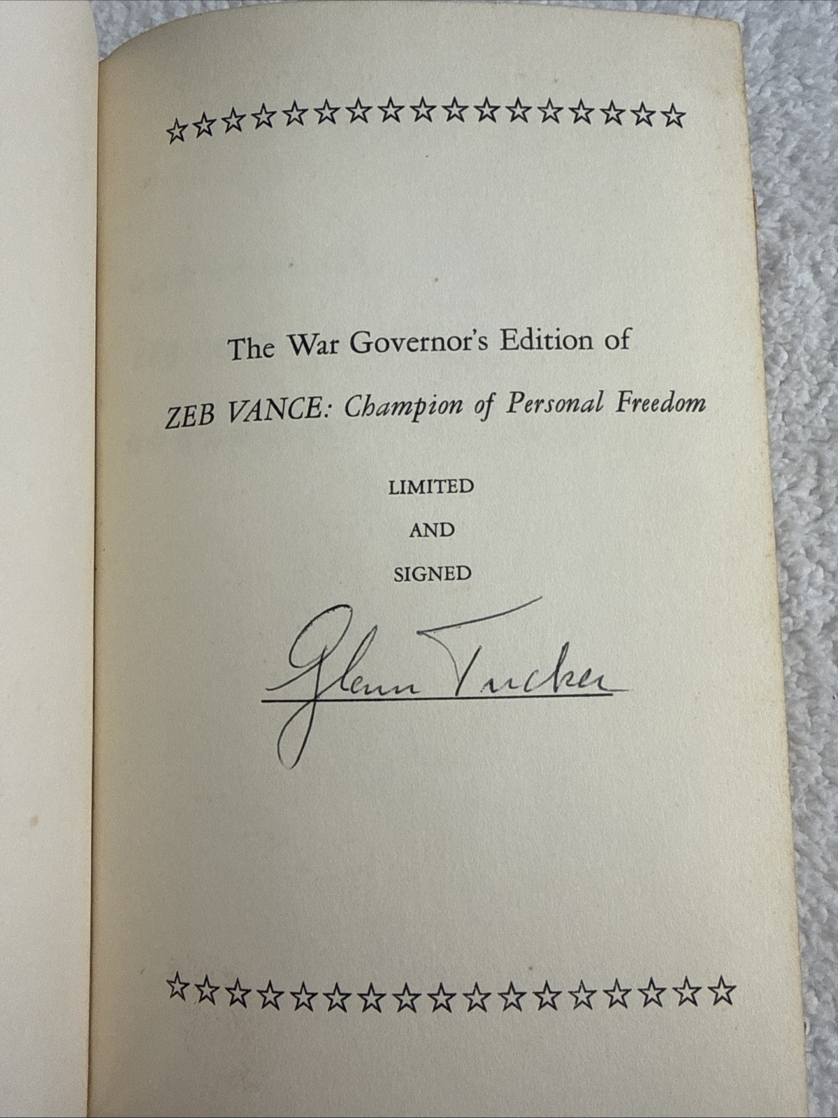 SIGNED 1965 Zeb Vance: Champion Personal Freedom, NC Civil War Governor HC/DJ