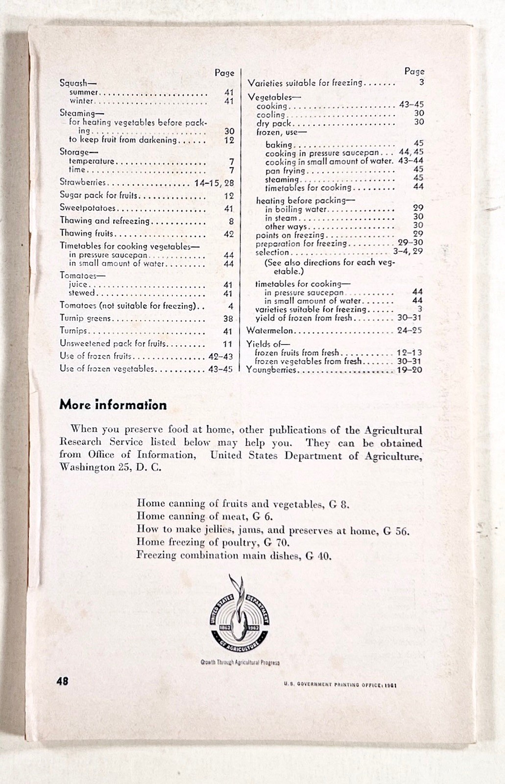 1961 Dept. of Agriculture HOME FREEZING OF FRUITS & VEGETABLES cookbook BULLETIN