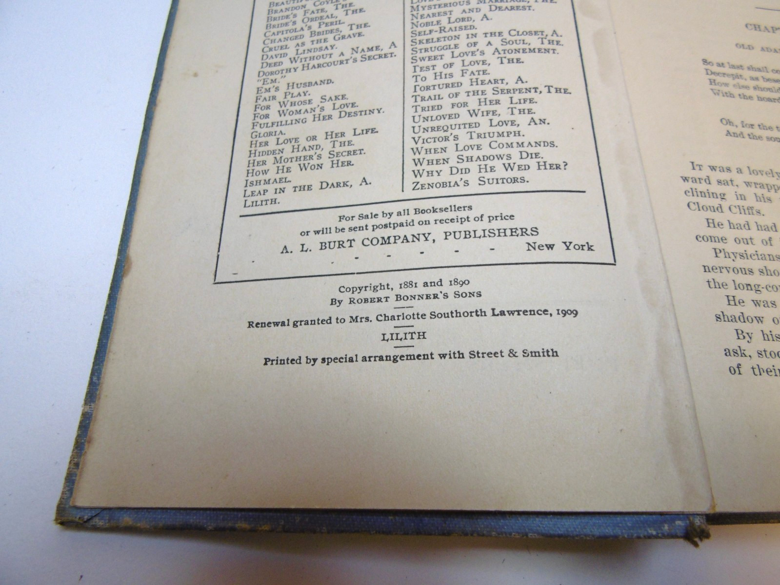 Antique 1909 Lilith By Mrs. E.D.E.N. Southwort A.L. Burt Co.