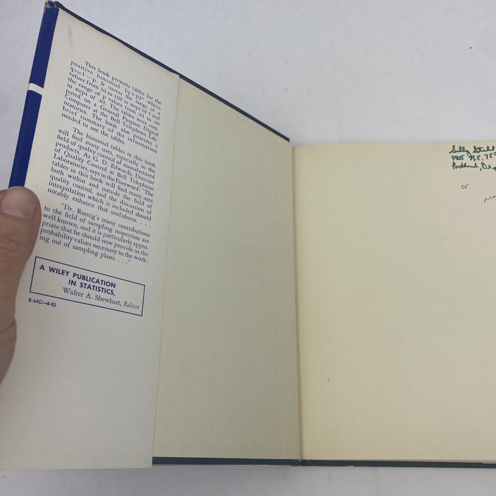 50-100 Binomial Tables by Harry G. Romig 1953 Hardcover Dust Jacket Vintage Bell