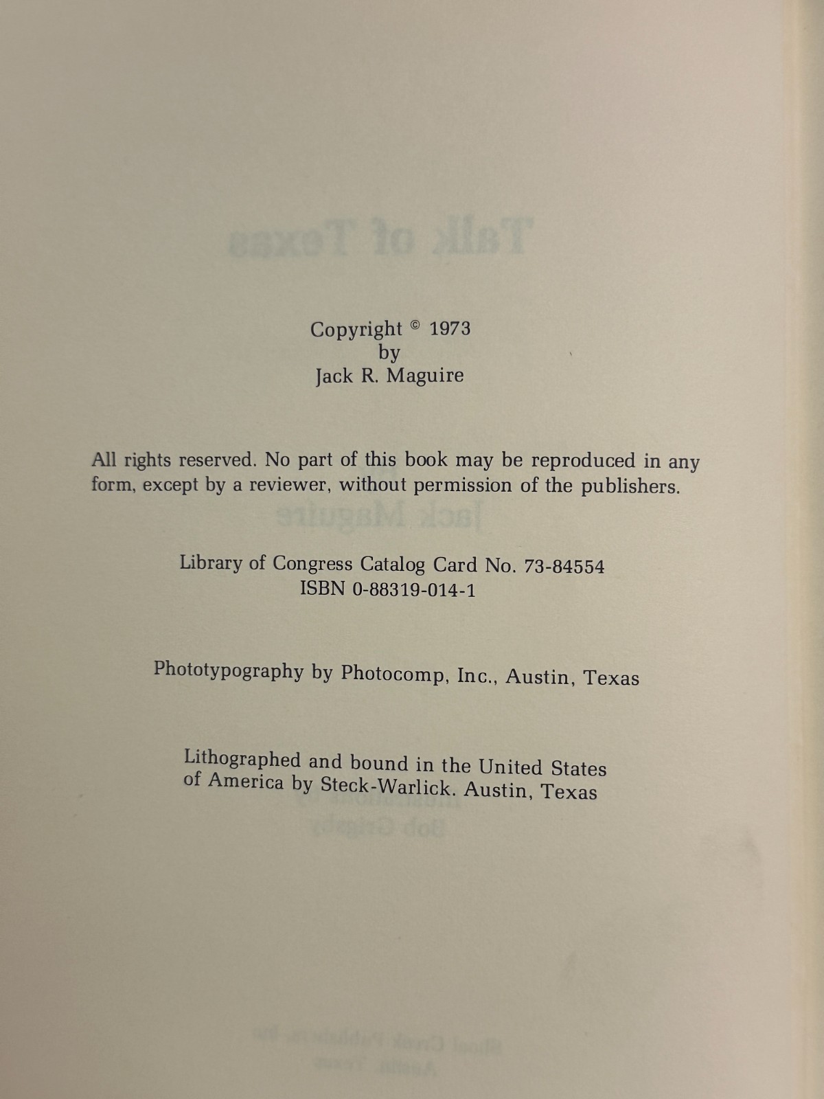 Talk of Texas by Jack Maguire HC with Dust Jacket SIGNED