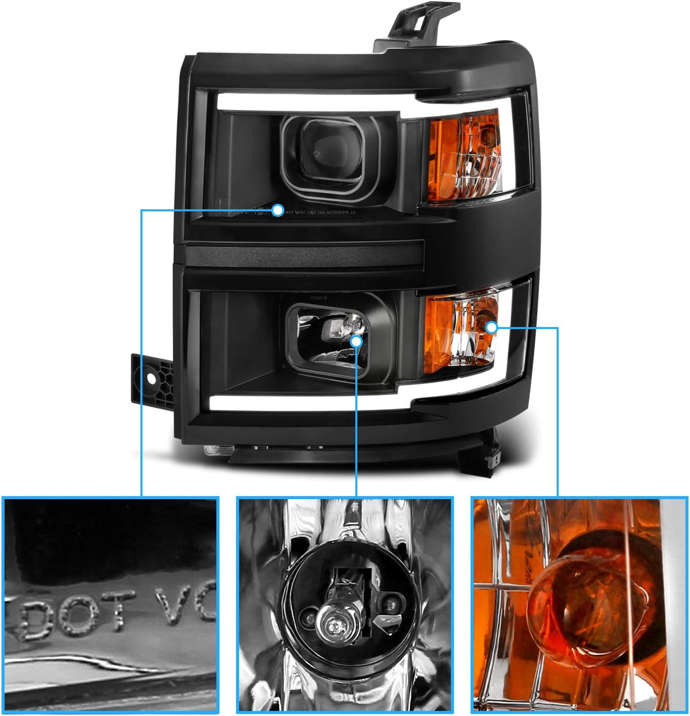 for 2014-2015 Silverado 1500 Pickup Square Projector Dual LED Tube Black Replace