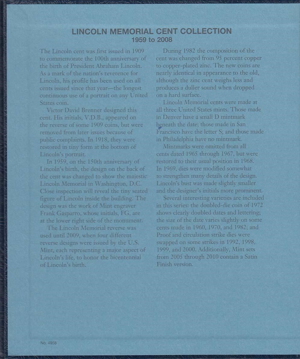 Lincoln Memorial Cents 1959-2008 Coin Album Whitman 4958 New US Free Shipping