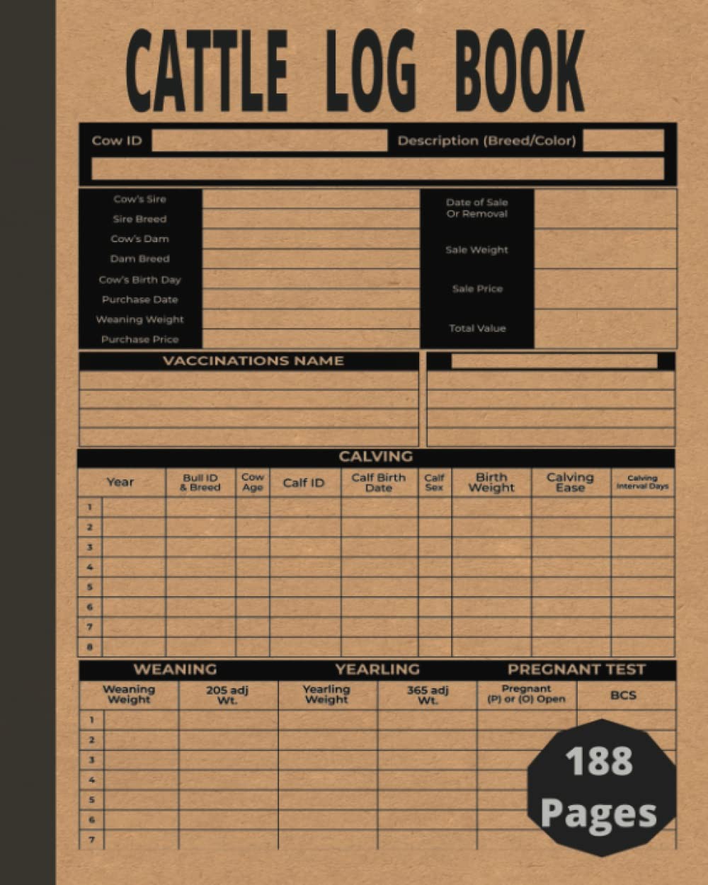 Cattle Log Book / Cattle Record Keeping 188 Pages 8″ x 10″ Farm, Beef Calving…