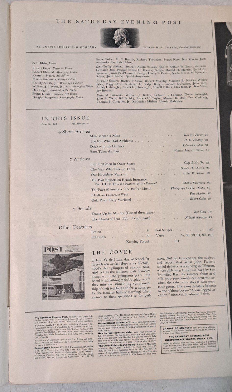 The Saturday Evening Post. June 21, 1958. Stories, News, Ads. Lawrence Welk News