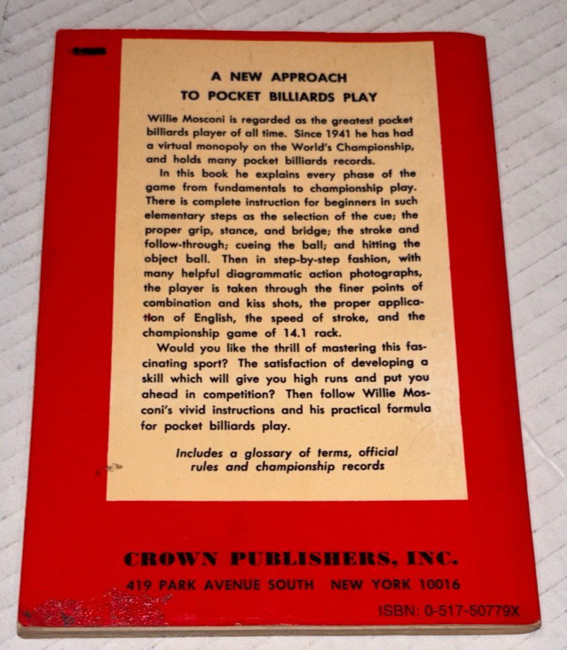WILLIE MOSCONI ON POCKET BILLIARDS, Paperback Book (Dated 1959, 143 Pages)