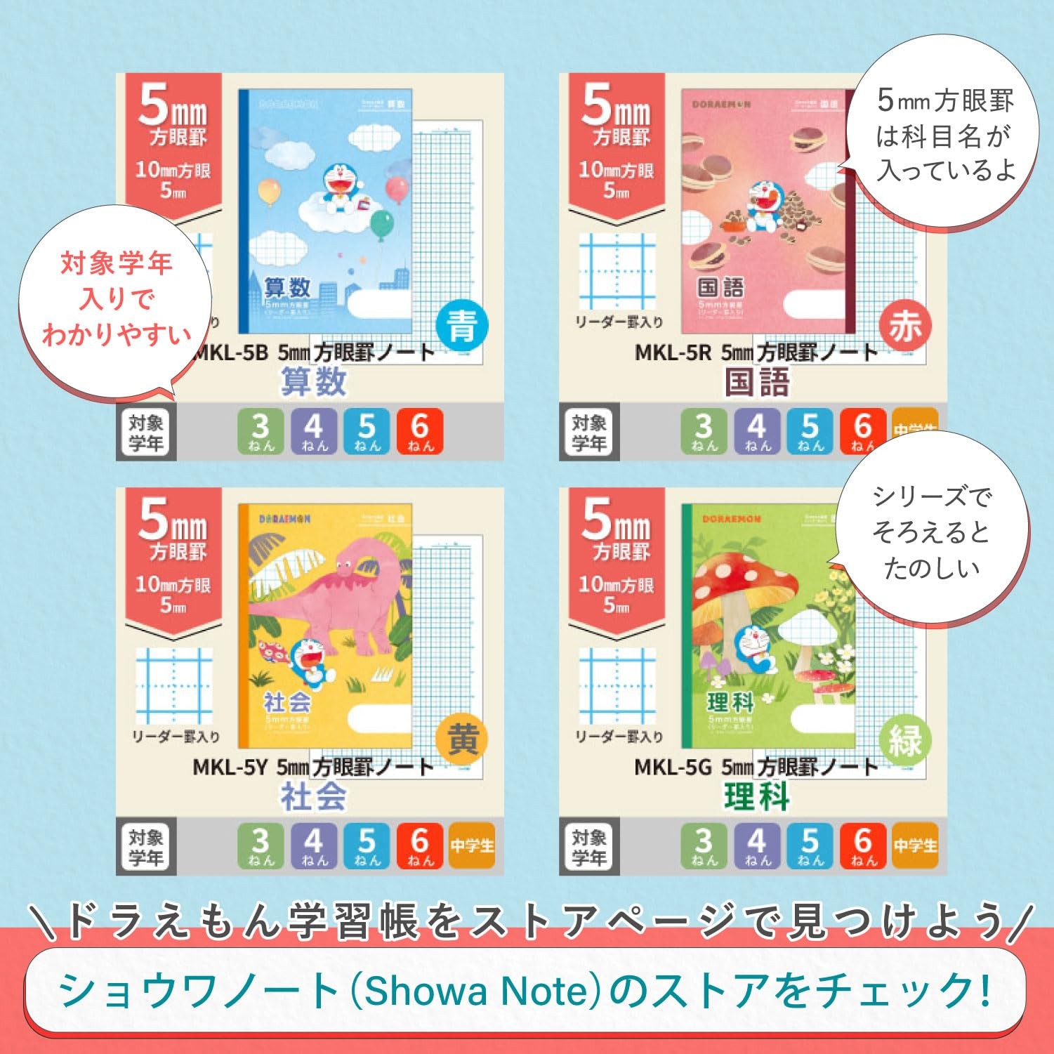 Showa Note Doraemon Math Notebook, 5mm Grid, Semi-B5, Blue