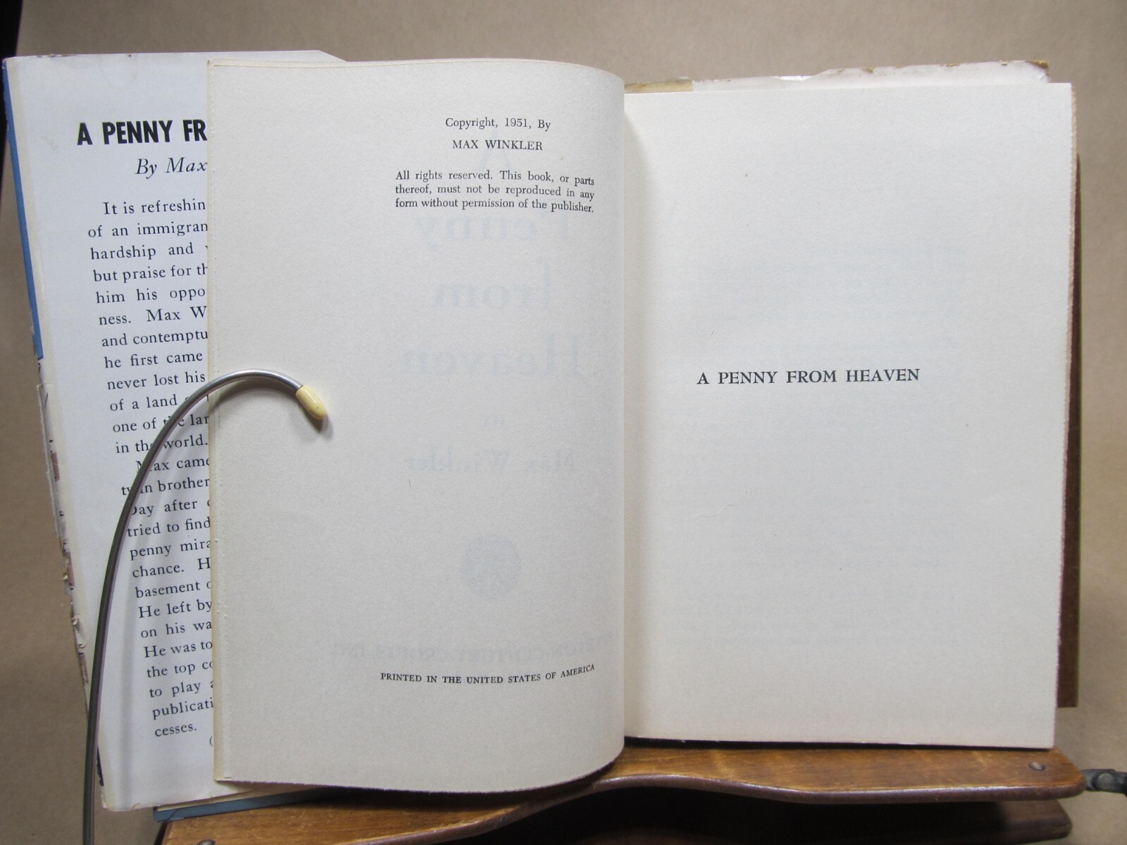 A Penny from Heaven by Max Winkler New York 1951 Signed by author