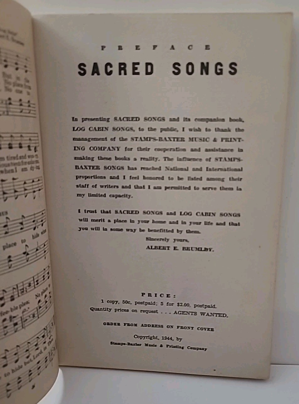 Albert E Brumley’s Book Of Sacred Songs 1944 Copyright Paperback Staple Bound
