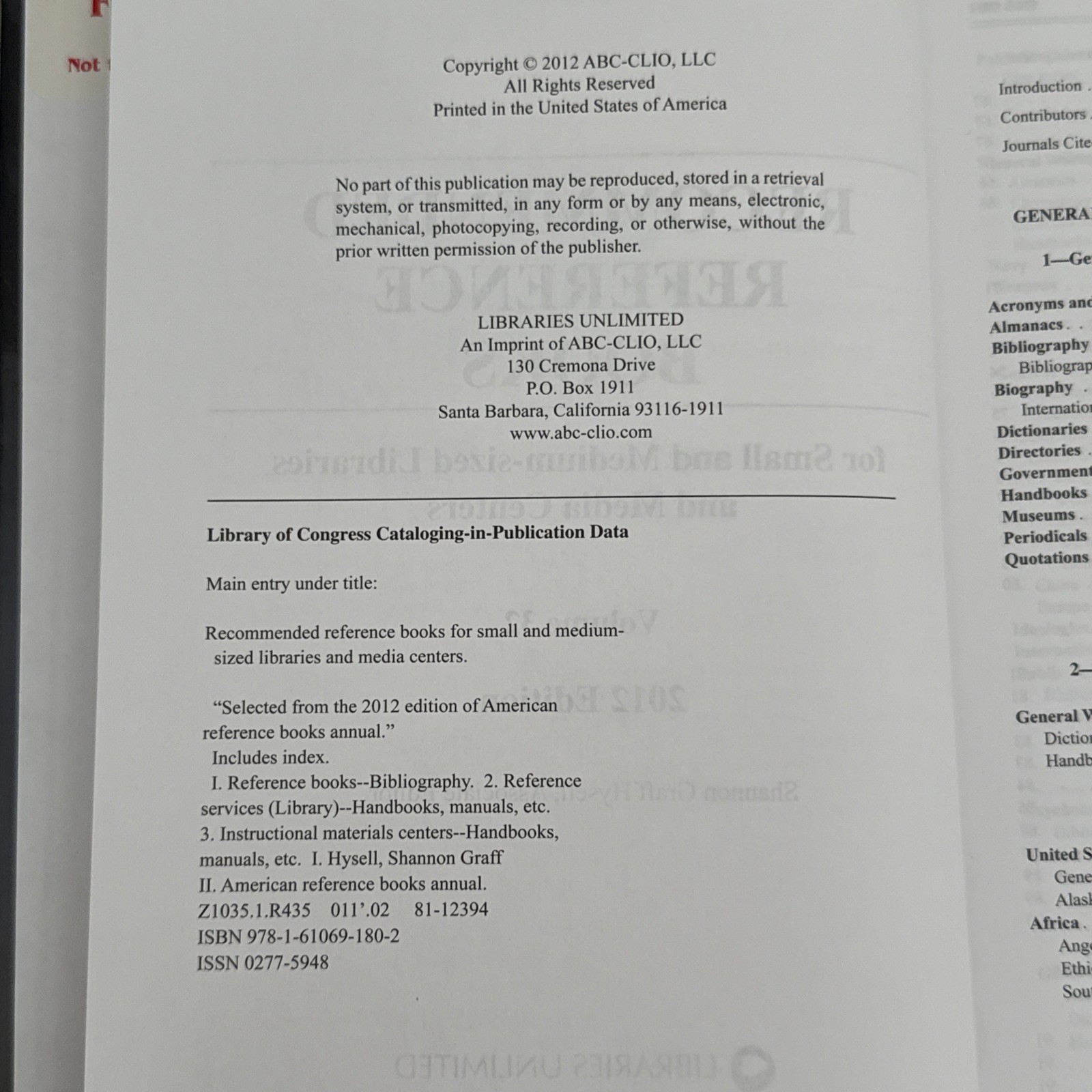 Recommended Reference Books Vol 32 2012 Hysell Ex-Library Very Good Condition