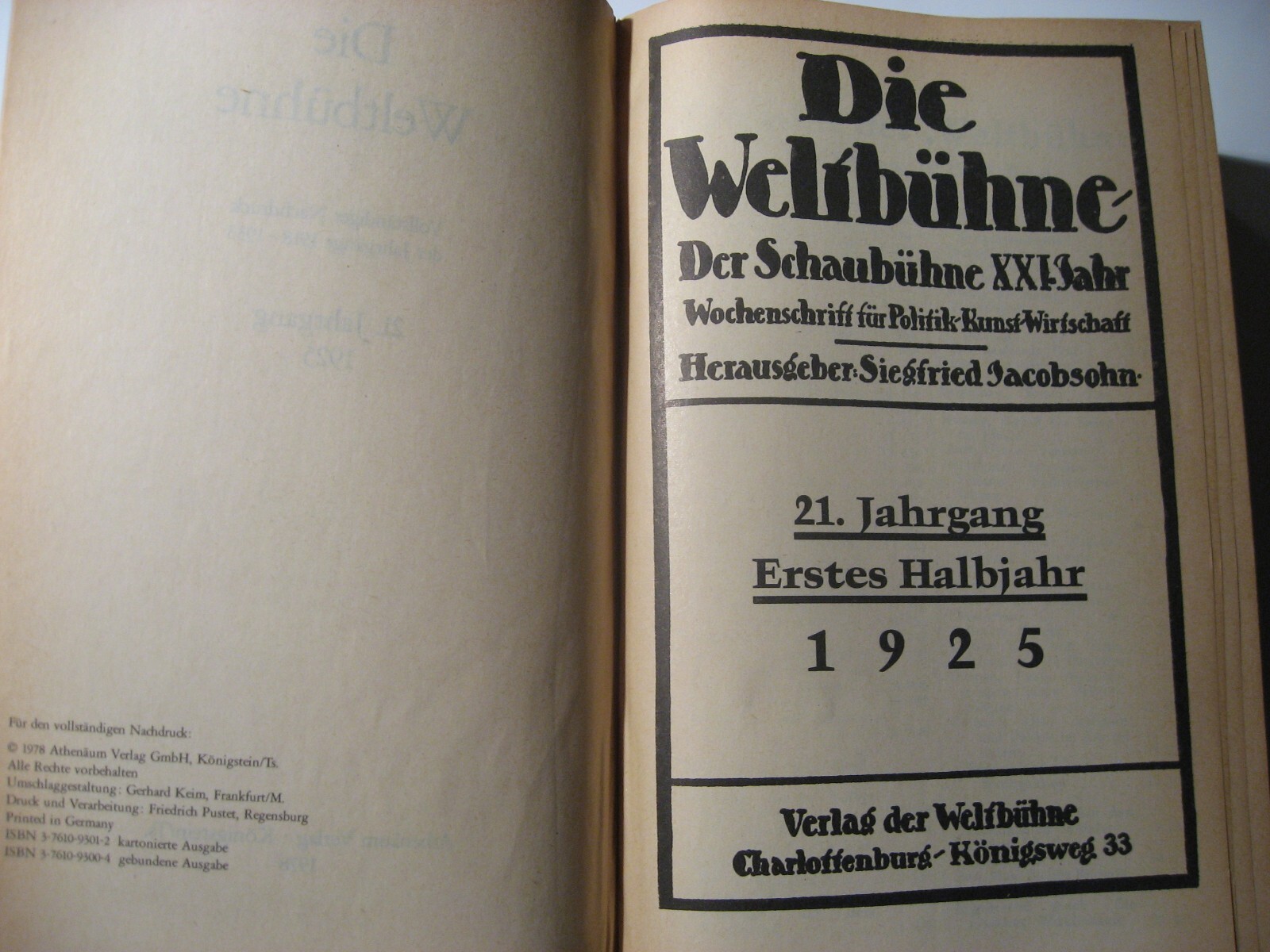 Die Weltbühne 21. Jahrgang, 1. und 2. Halbjahr 1925