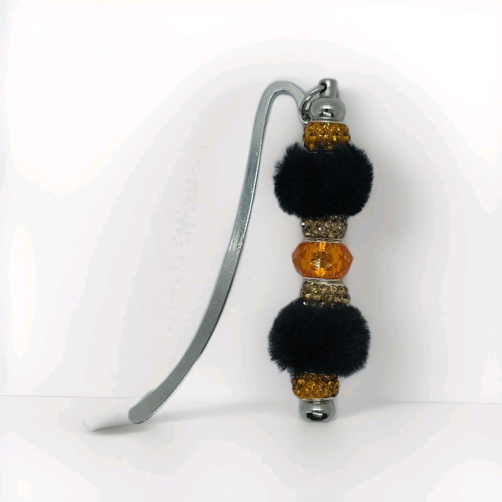 Beaded Bookmark Oranges And Black Faux Fur With Rhinestones 3.4″ In. Long. #8