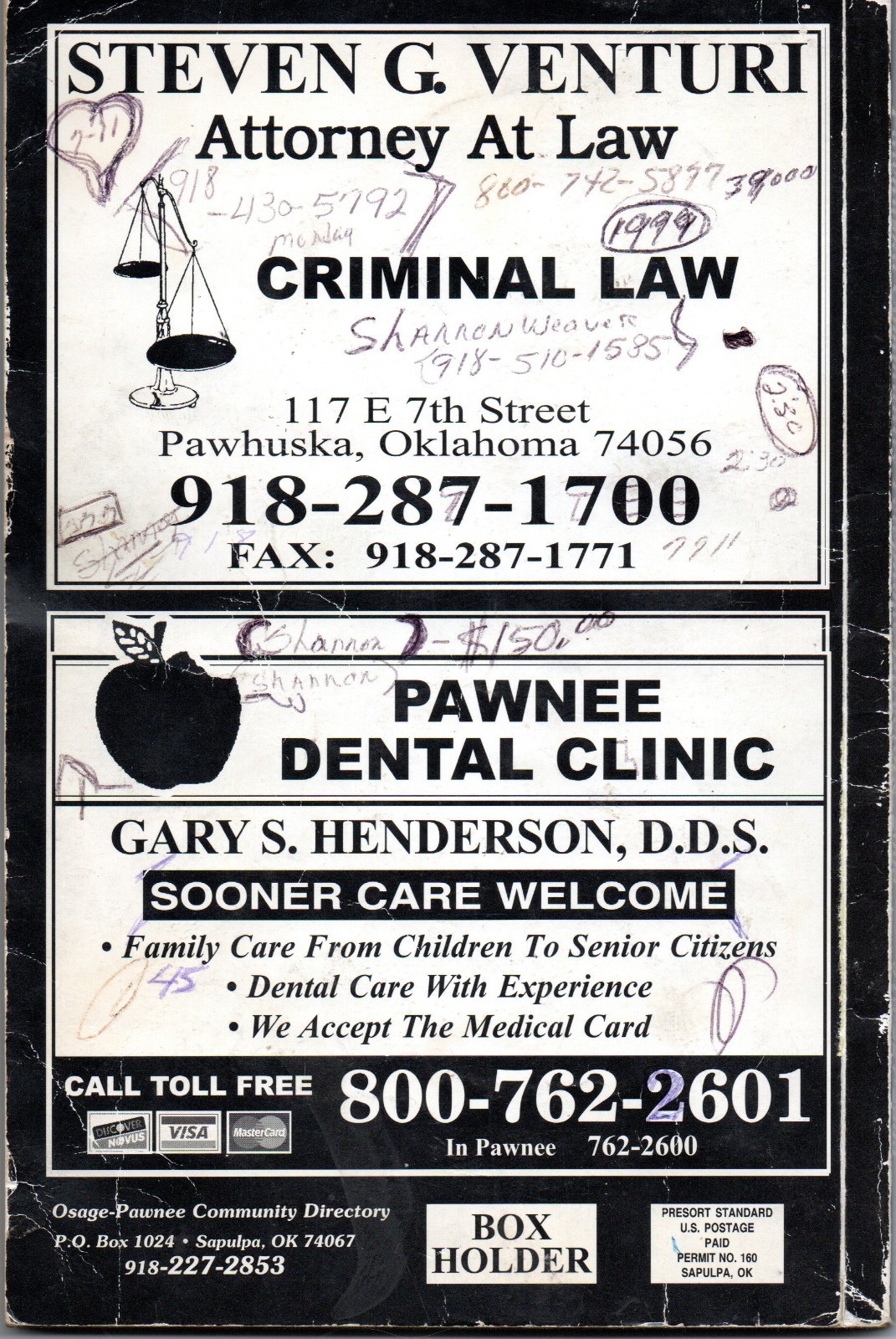 Pawhuska Oklahoma 2007-2008 Community Telephone Directory Phone Book 136 Pages