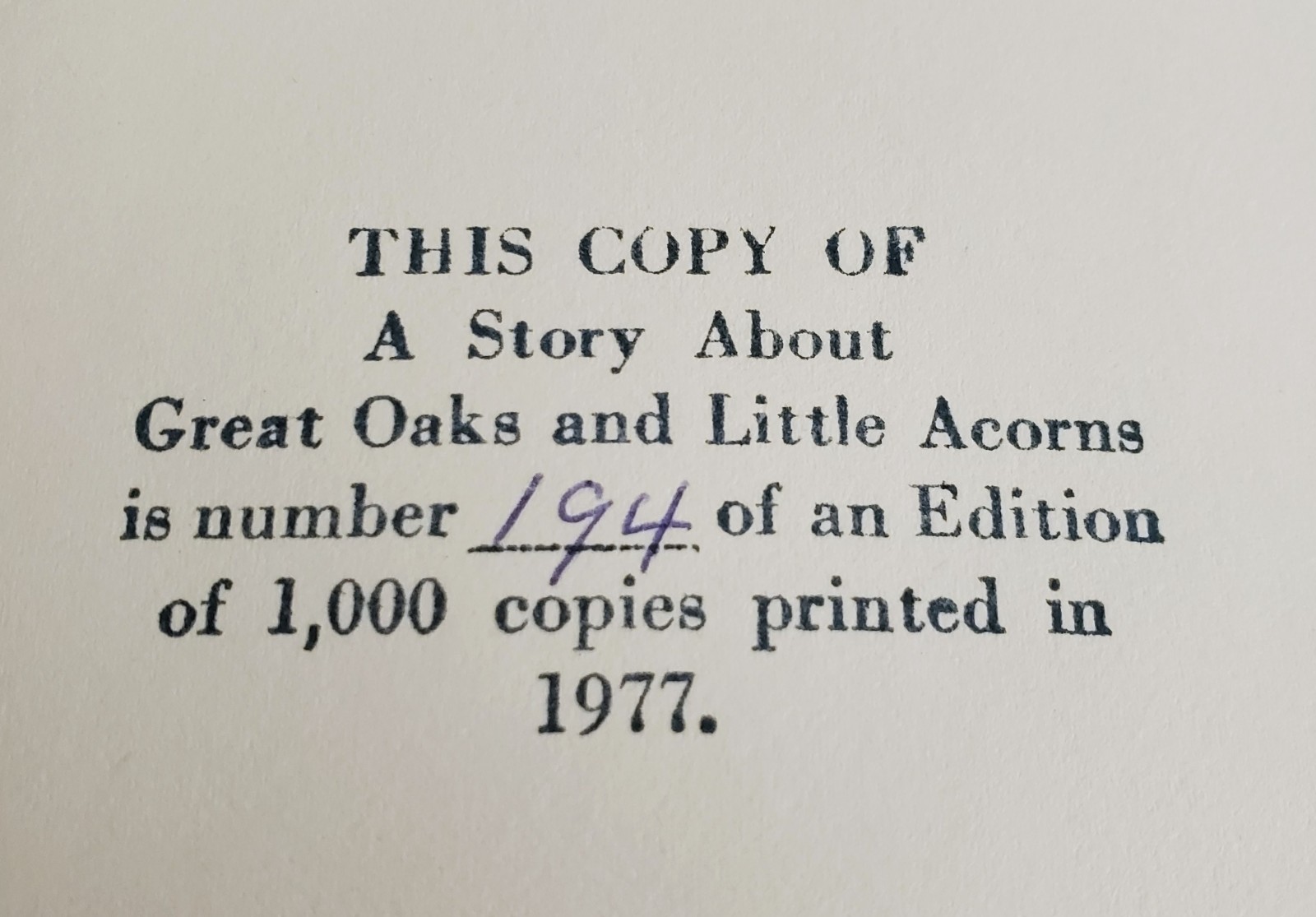 *Signed A STORY ABOUT GREAT OAKS & LITTLE ACORNS Raymond Brehaut HC/DJ #194/1000