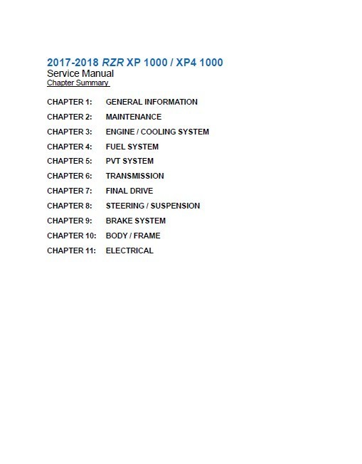 2017-2018 Polaris RZR XP 1000 Service Manual: w/ Protective Covers