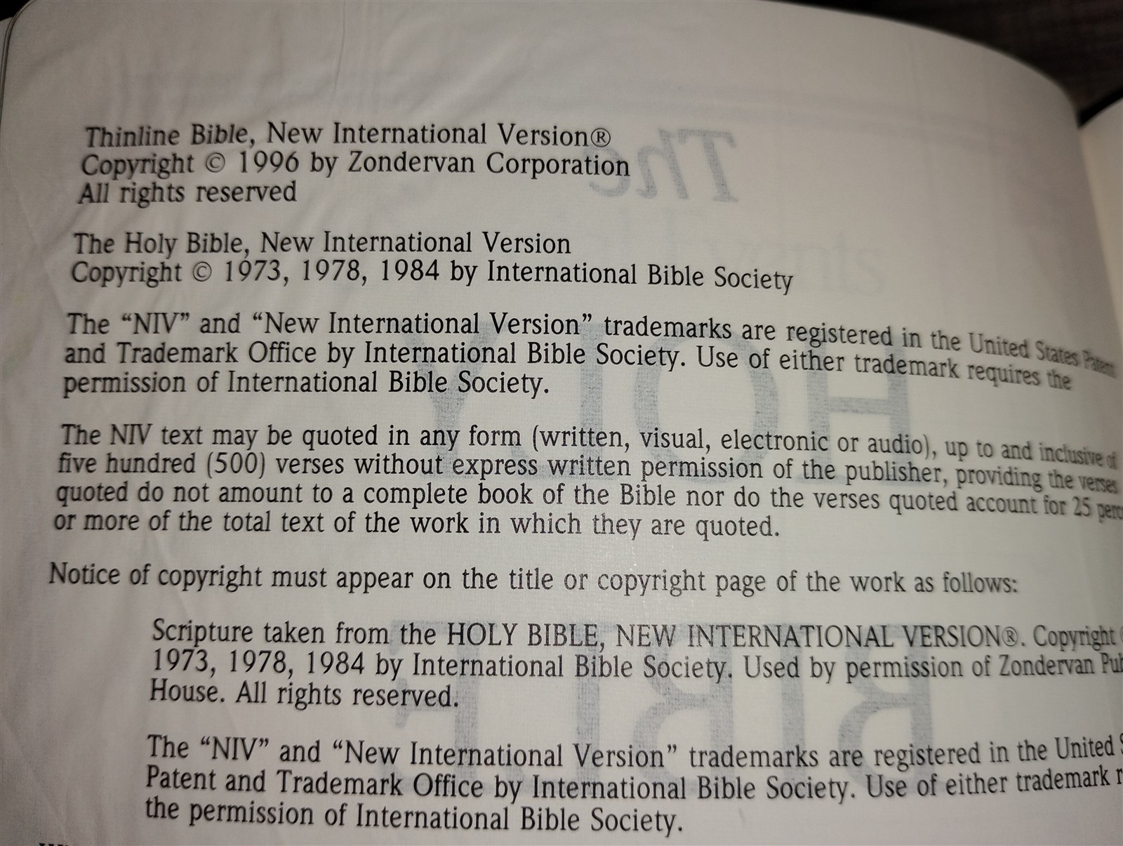 NIV Thinline Bible New International Version 1996 Zondervan Bonded Leather Bound