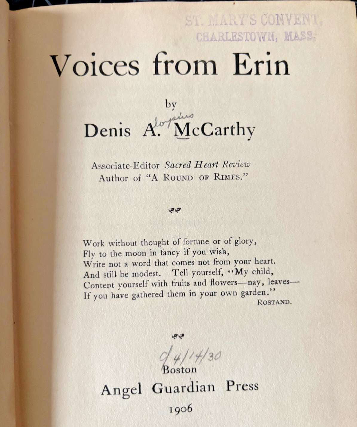 Irish Poetry Book 1906 First Edition Inscribed Author Denis McCarthy Angel Guard