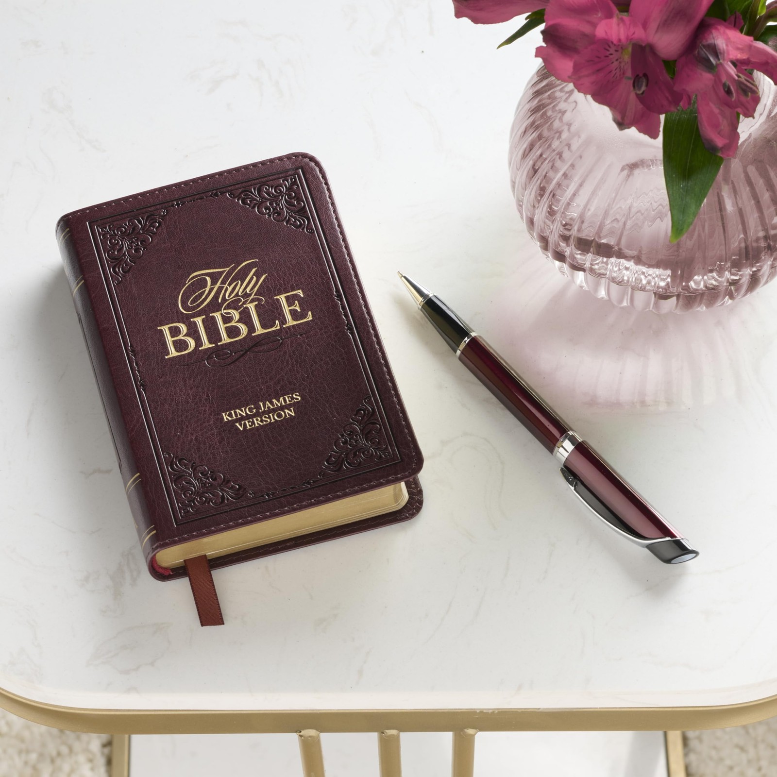 KJV Pocket Bible Mini Faux Leather Red Letter Edition with Ribbon – Burgundy