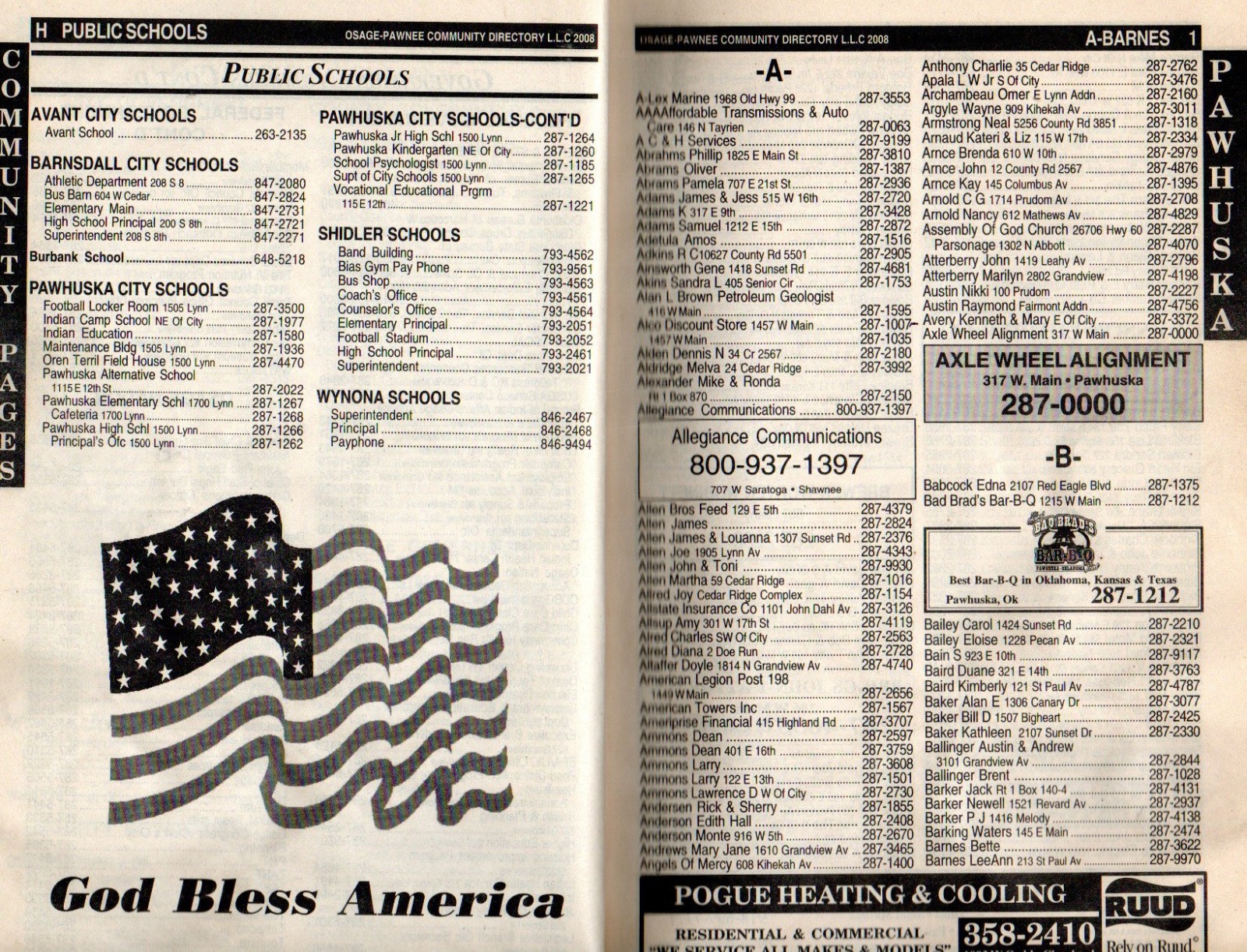 Pawhuska Oklahoma 2007-2008 Community Telephone Directory Phone Book 136 Pages
