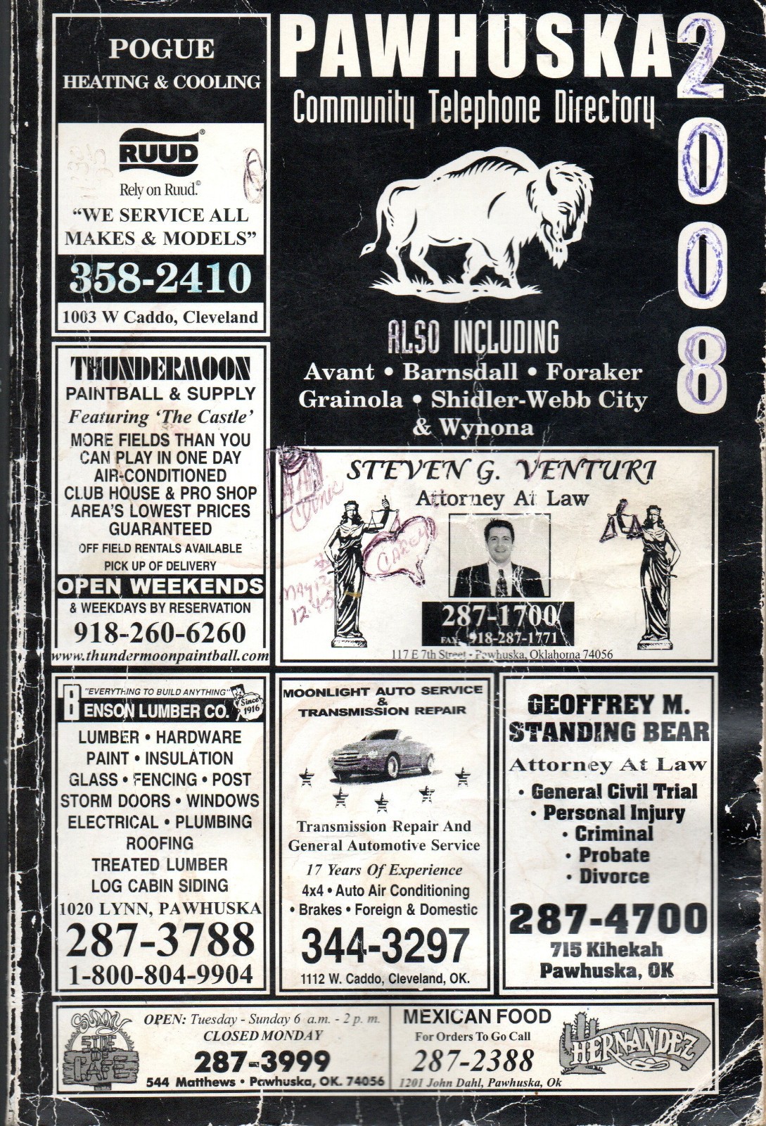 Pawhuska Oklahoma 2007-2008 Community Telephone Directory Phone Book 136 Pages