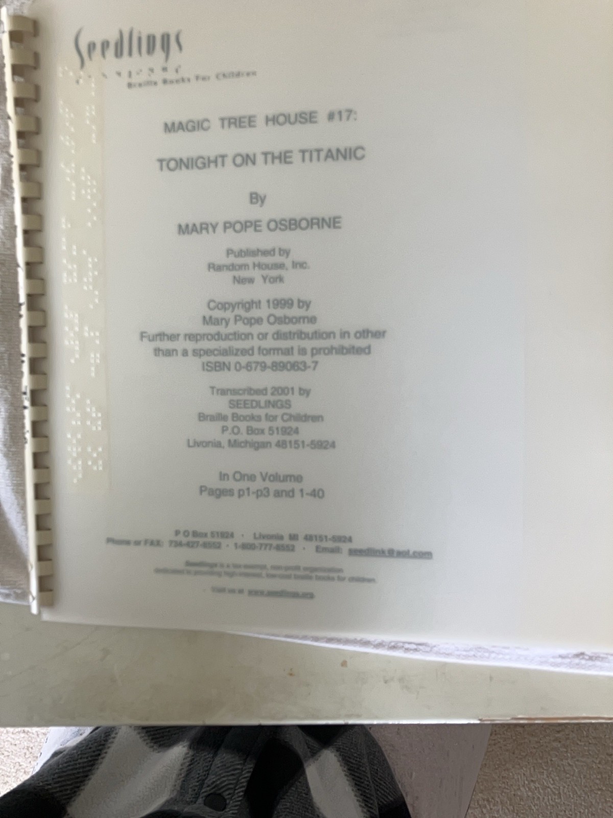Braille Book: Magic Tree House “Tonight on the Titanic” Old Braille format