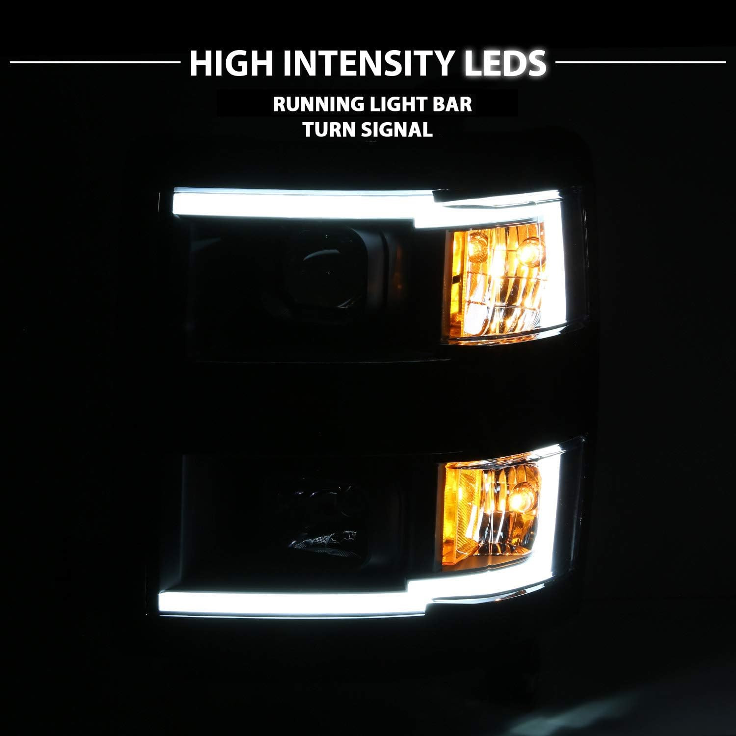 for 2014-2015 Silverado 1500 Pickup Square Projector Dual LED Tube Black Replace