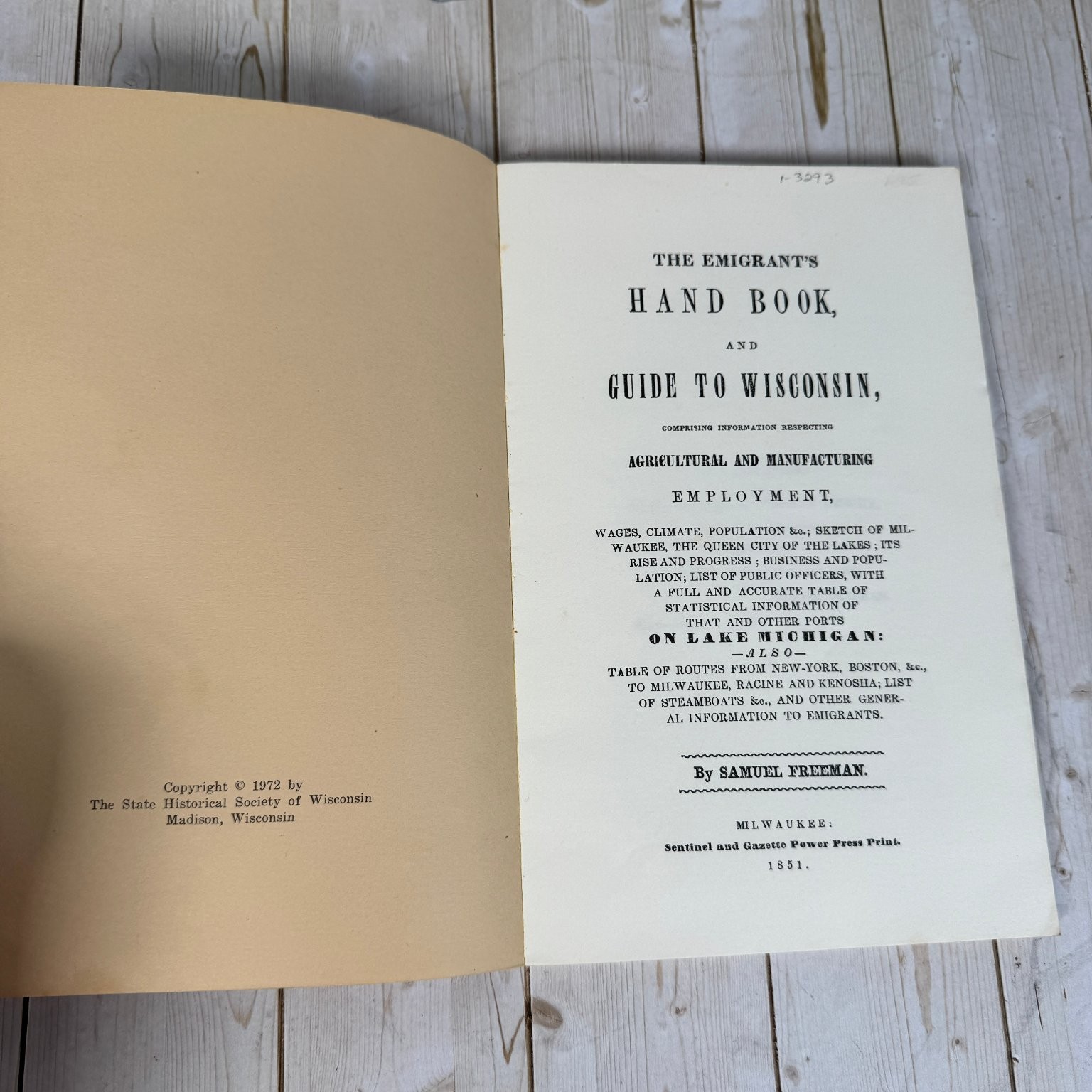 Emigrant’s Handbook Guide to Wisconsin Freeman 1851 Reprint 1972 History