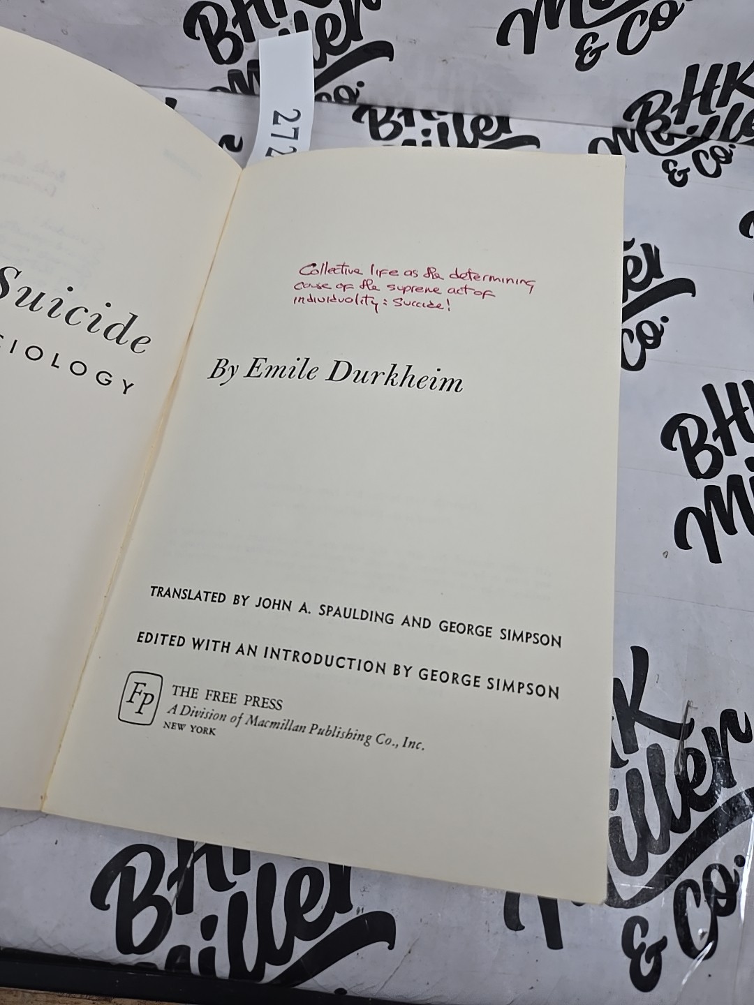 Vintage 1966 Suicide Study In Sociology Emile Durkheim Free Press Red PB USA