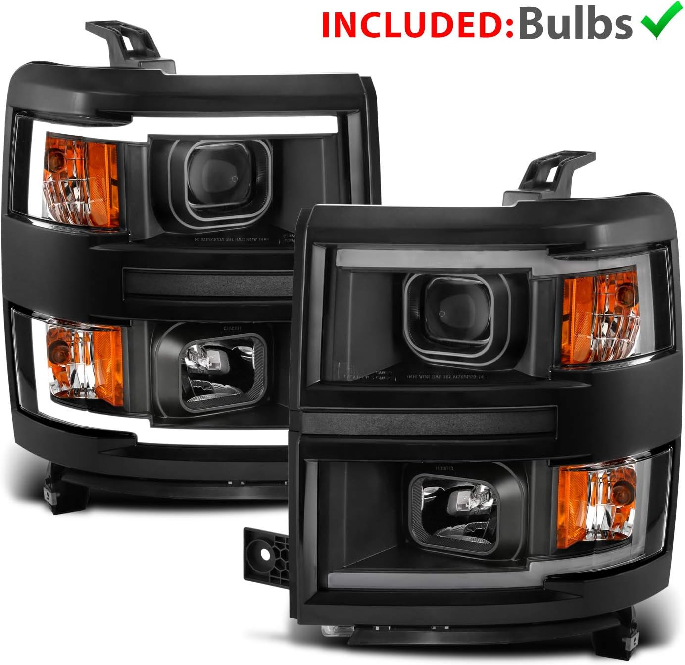 for 2014-2015 Silverado 1500 Pickup Square Projector Dual LED Tube Black Replace