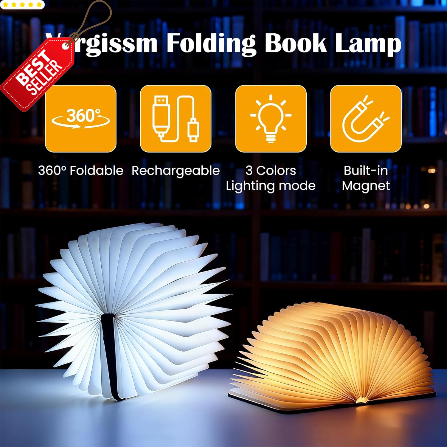 6.5in Foldable Book Lamp Rechargeable Paper Light Embossed Night Light – US