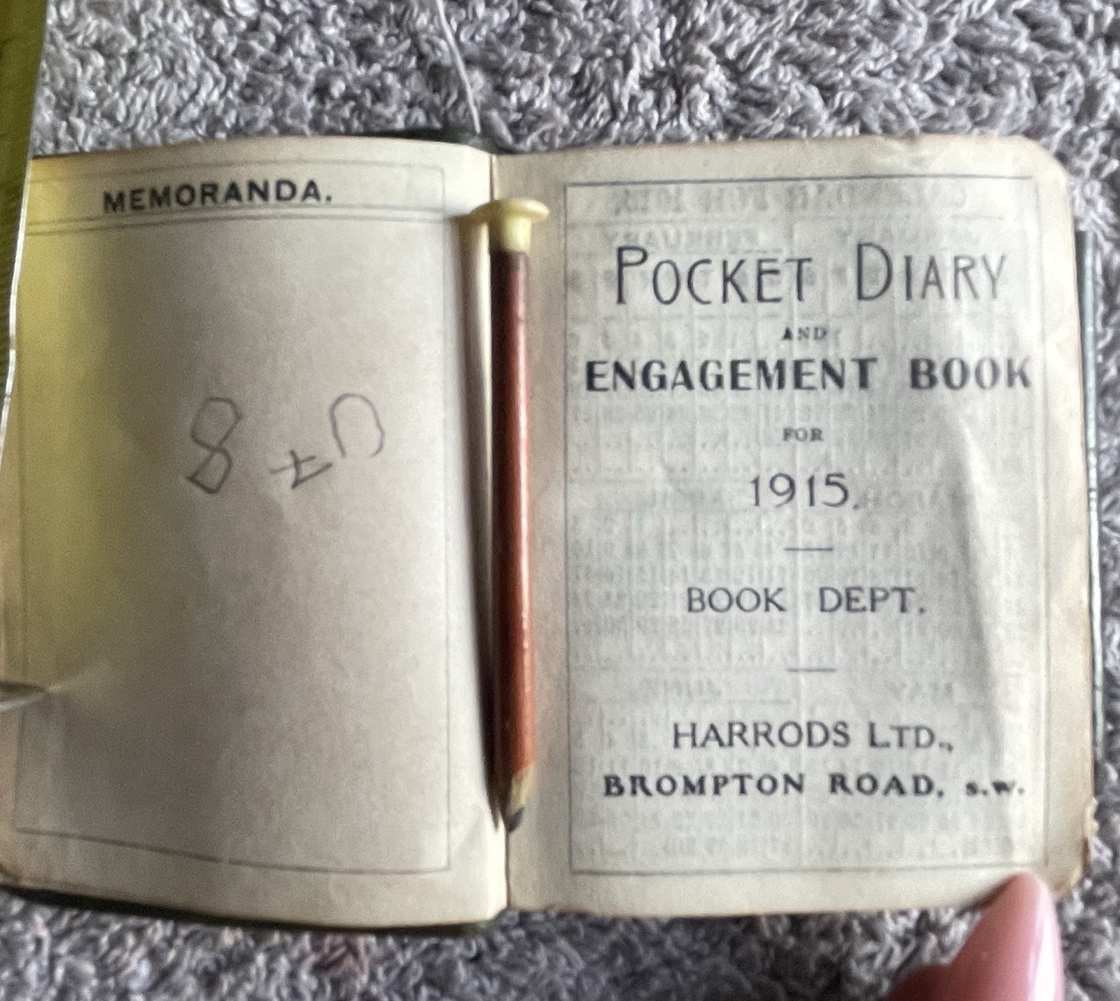 Harrods Leather Engagement Diary 1915 & Pencil 7cm WW1 Edwardian RARE Green
