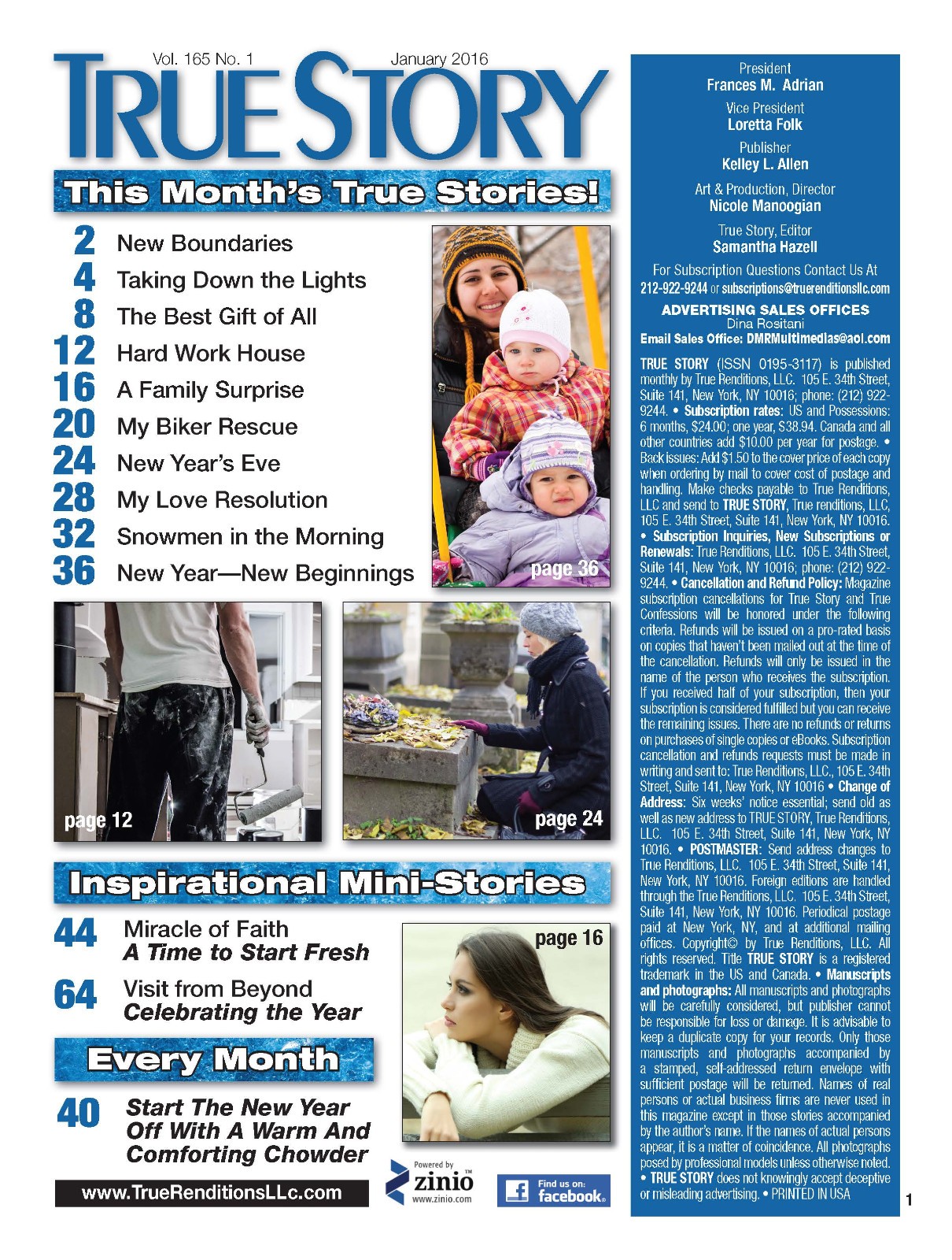 2016 True Story Magazines, 4 months – JANUARY, FEBRUARY, MARCH, & APRIL.