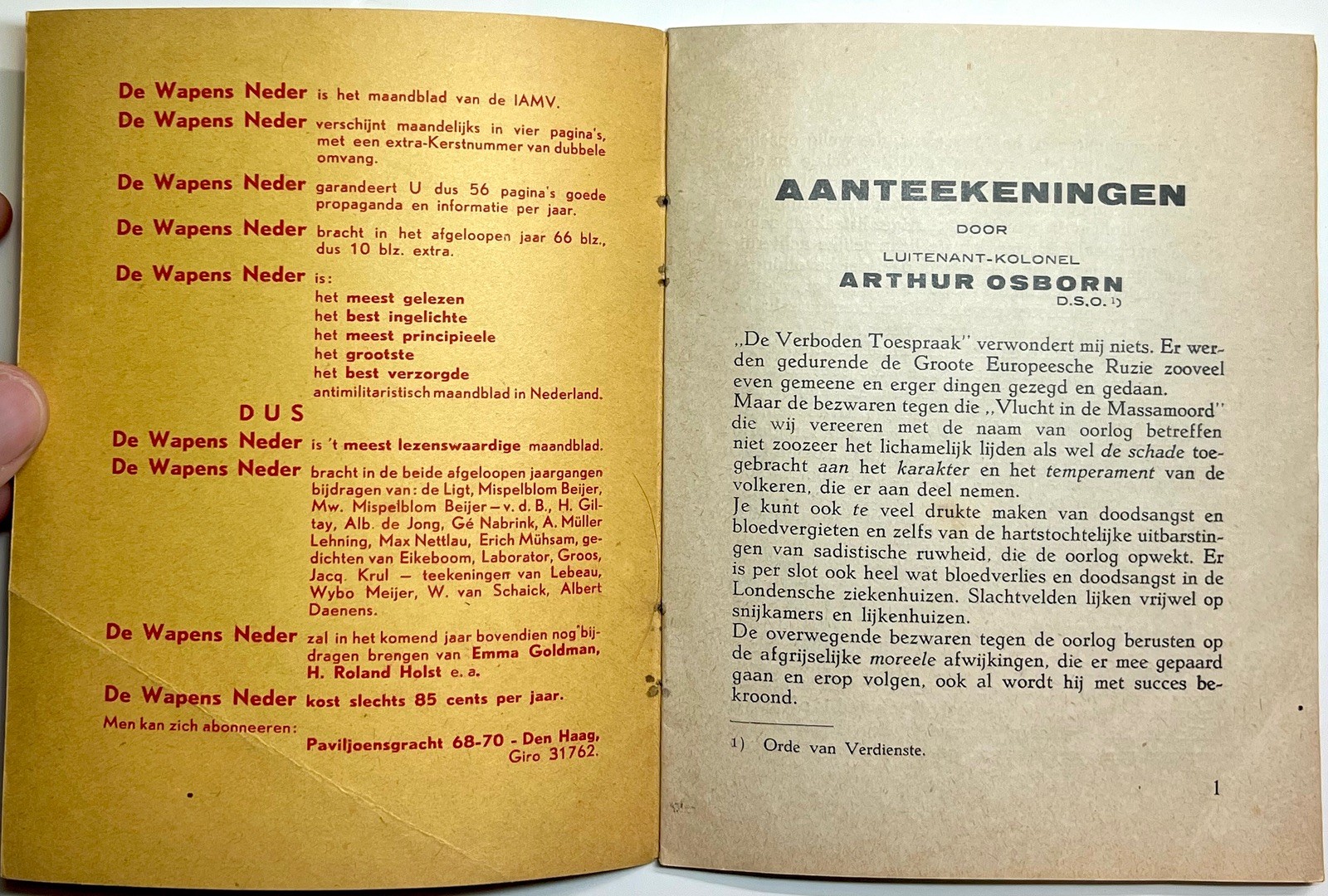 1934 EEN VERBODEN TOESPRAAK OSBORN DUTCH ANTI MILITARIST PROPAGANDA BOOKLET 1ST