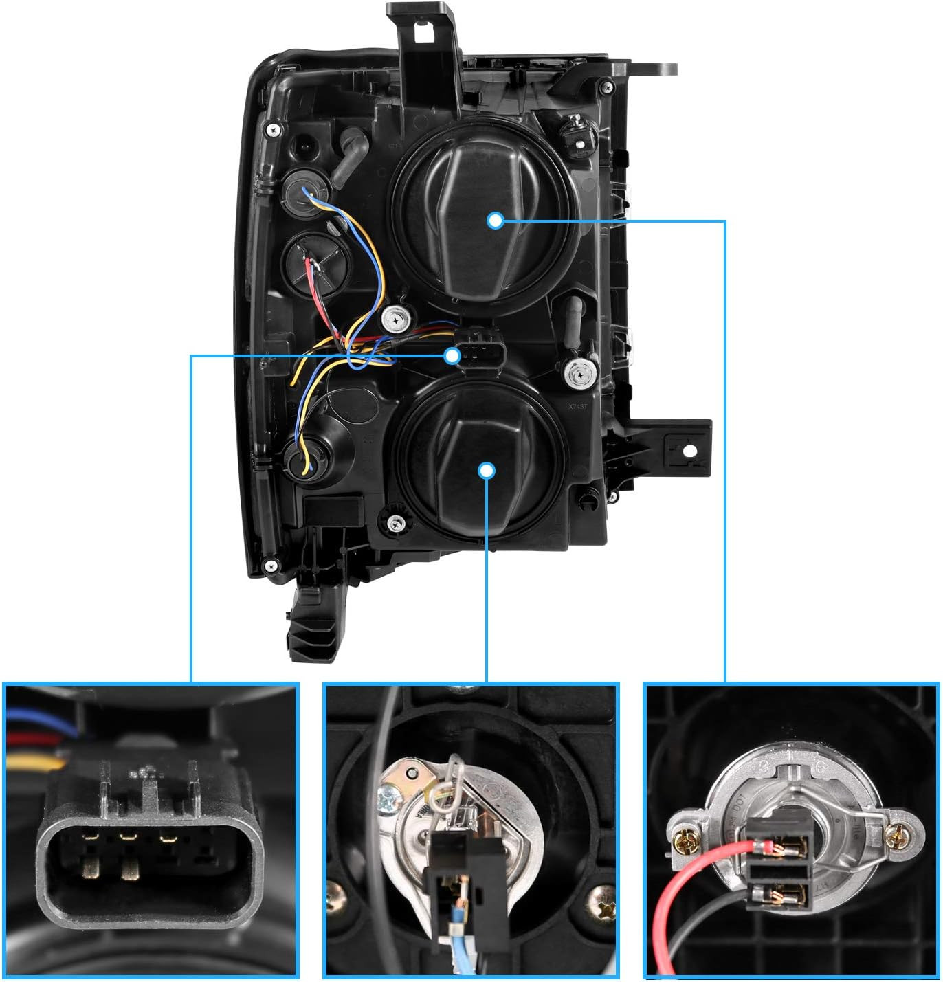 for 2014-2015 Silverado 1500 Pickup Square Projector Dual LED Tube Black Replace