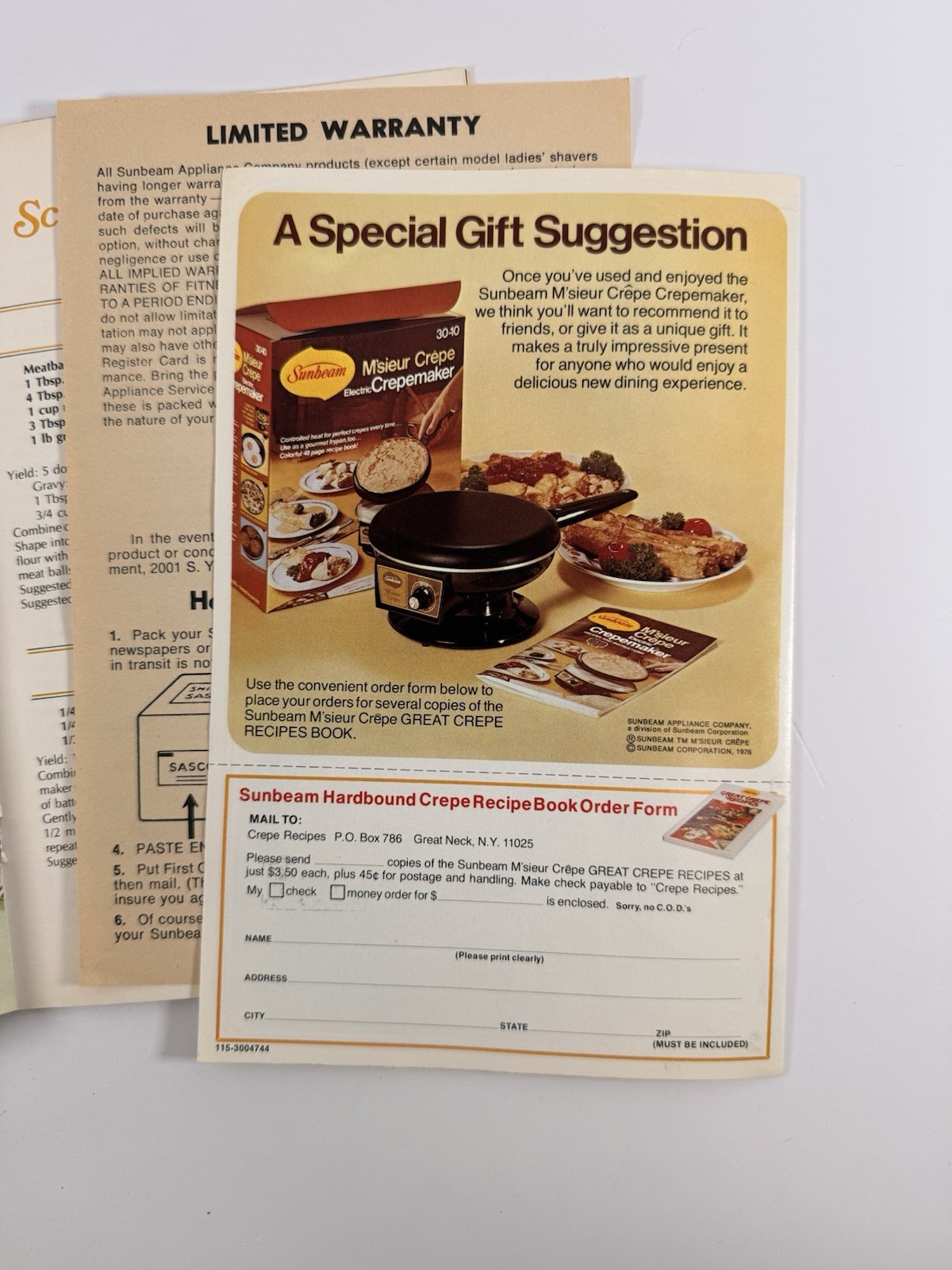 Vintage Sunbeam M’sieur Crêpe Electric Crepemaker Manual & Recipes 1976