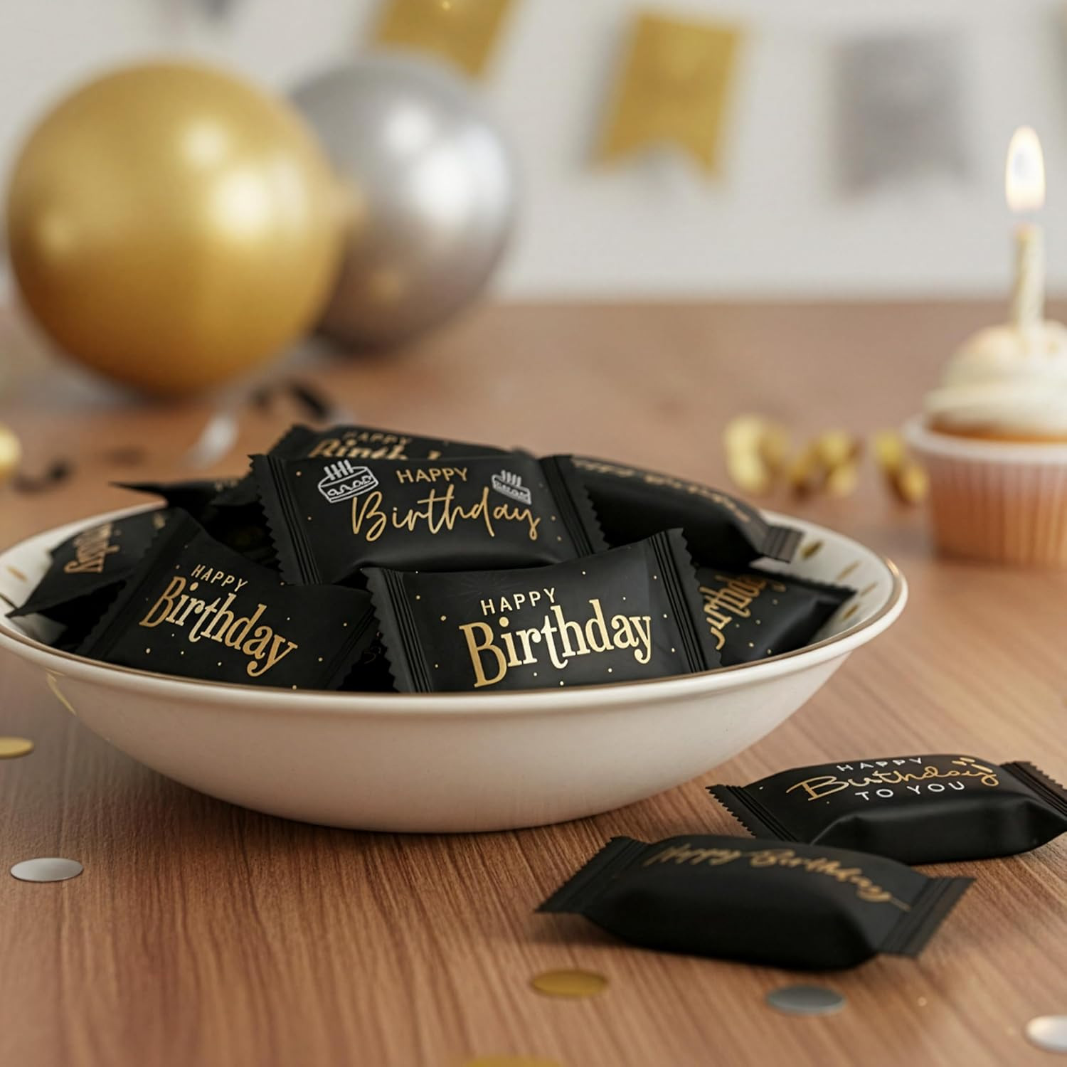 Happy Birthday Buttermints Candy 100 Count 13 Oz. Black and Gold Individually Wr