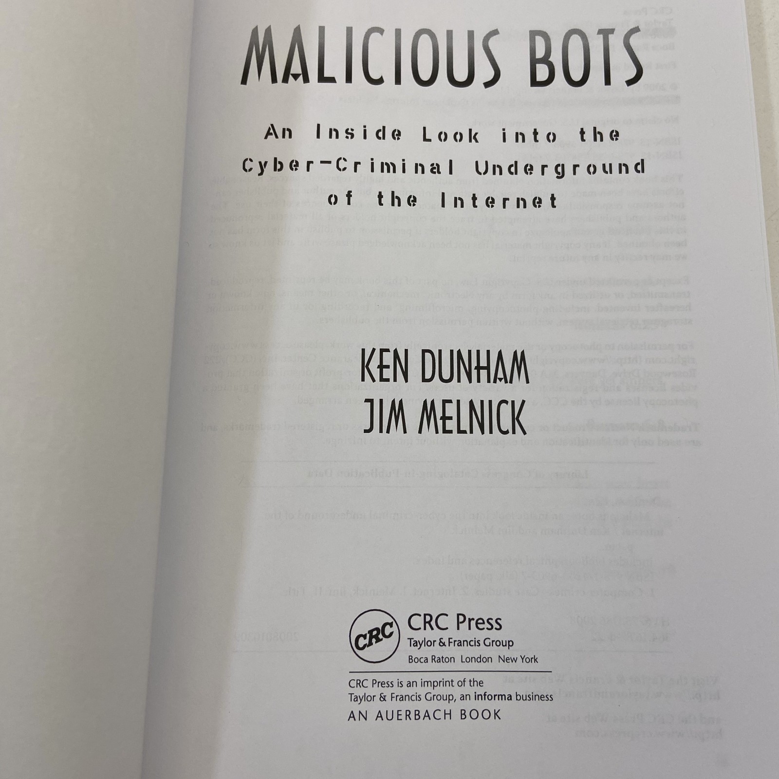 Malicious Bots Cyber Criminal Underground 2019 CRC Press TPB Dunham & Melnick