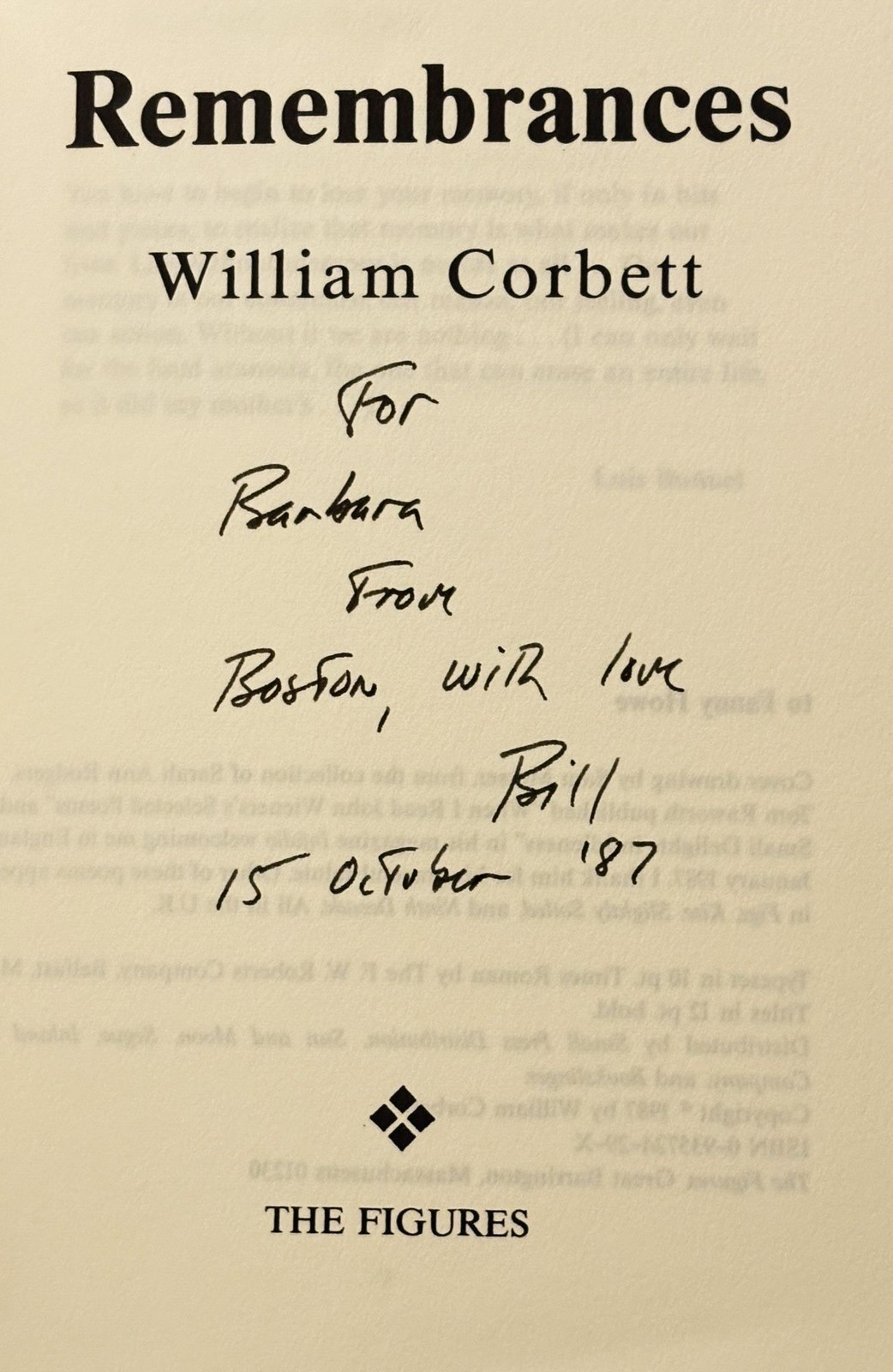 William Corbett / REMEMBRANCES Signed 1st Edition 1987