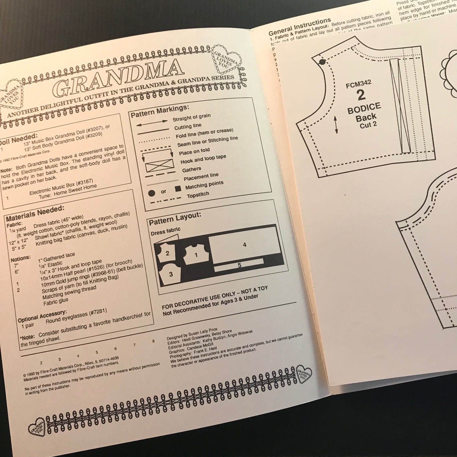 GRANDMA Doll Outfit Pattern FCM342 Fibre-Craft 1993 Vintage Sewing Craft