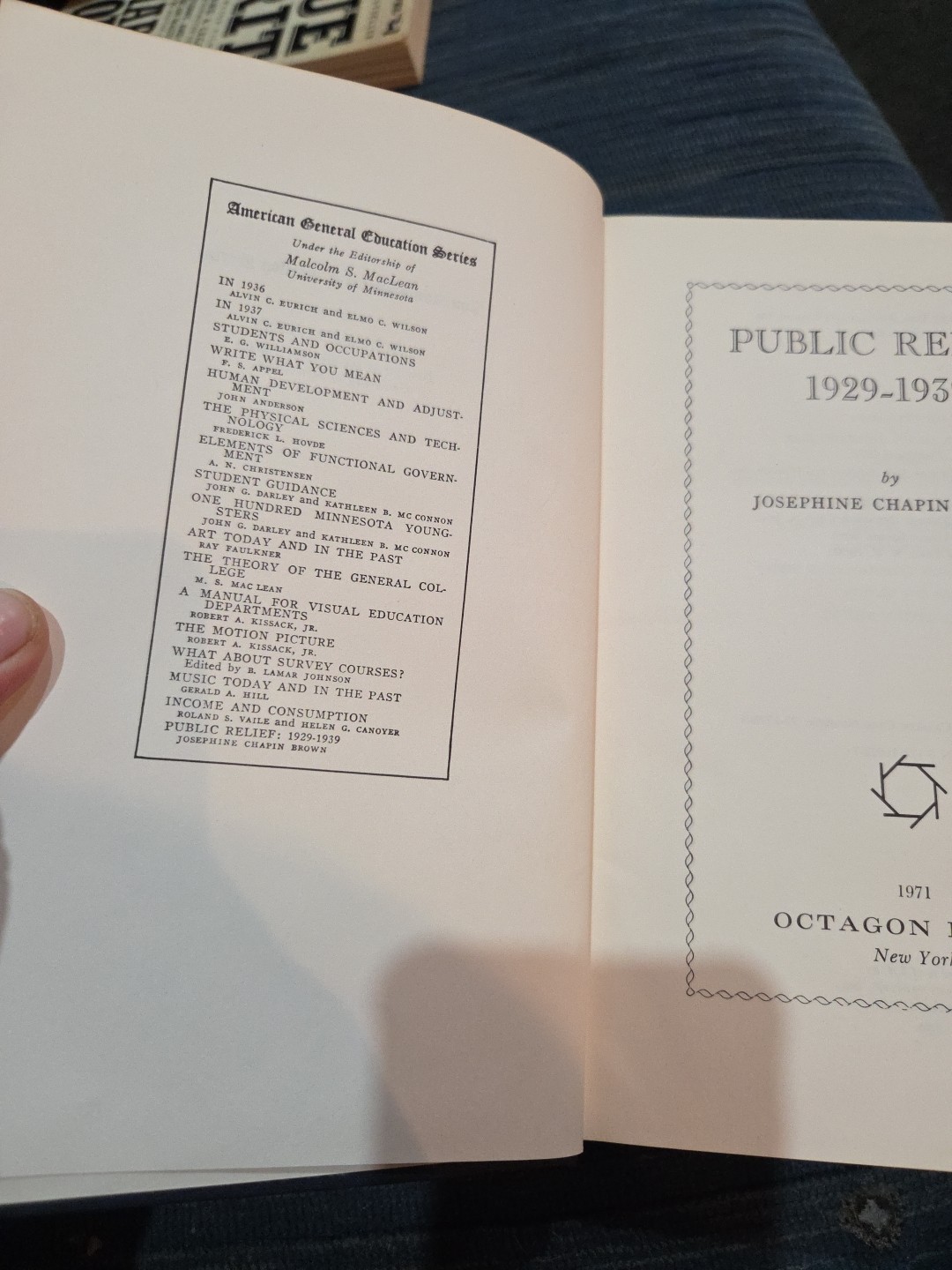 PUBLIC RELIEF 1929-1939 Josephine Chapin Brown 1971 Octagon Books