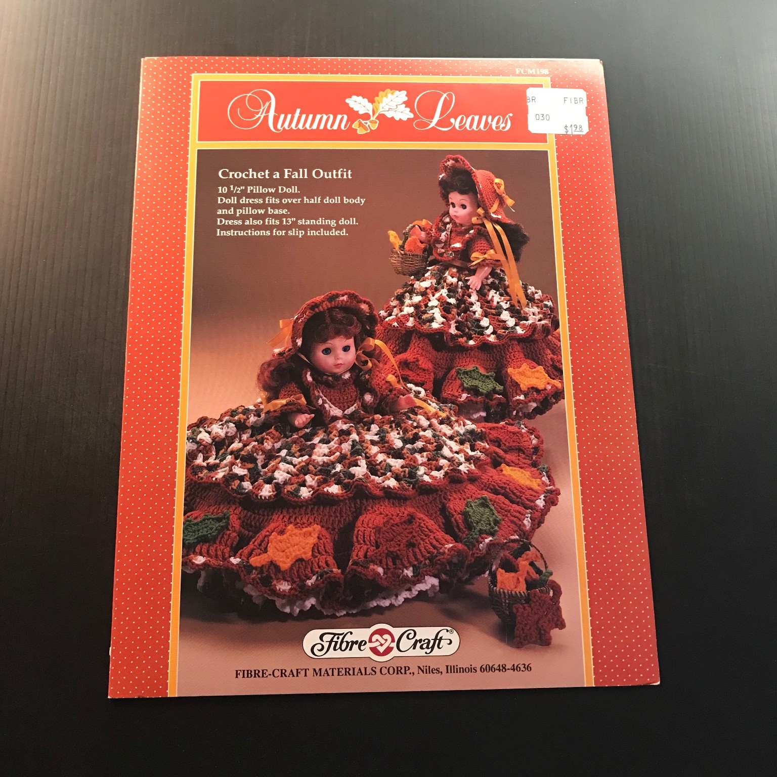 Autumn Leaves Crochet Fall Outfit 10.5″ Pillow Doll Dress Pattern 1989 FCM198